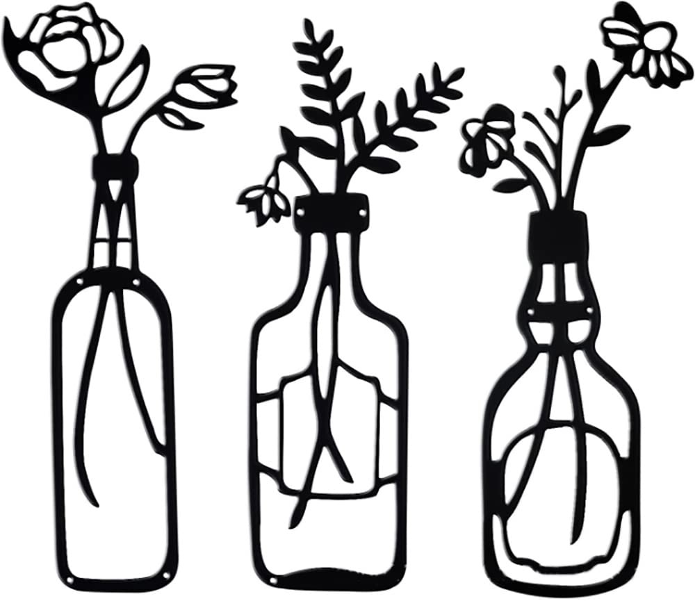3-Piece Black Metal Vase Flowers Wall Decor Set - Minimalist Metal Wall Sculpture Art for Home & Office - Perfect for Living Room, Bedroom, or Entryway Hanging Decor
