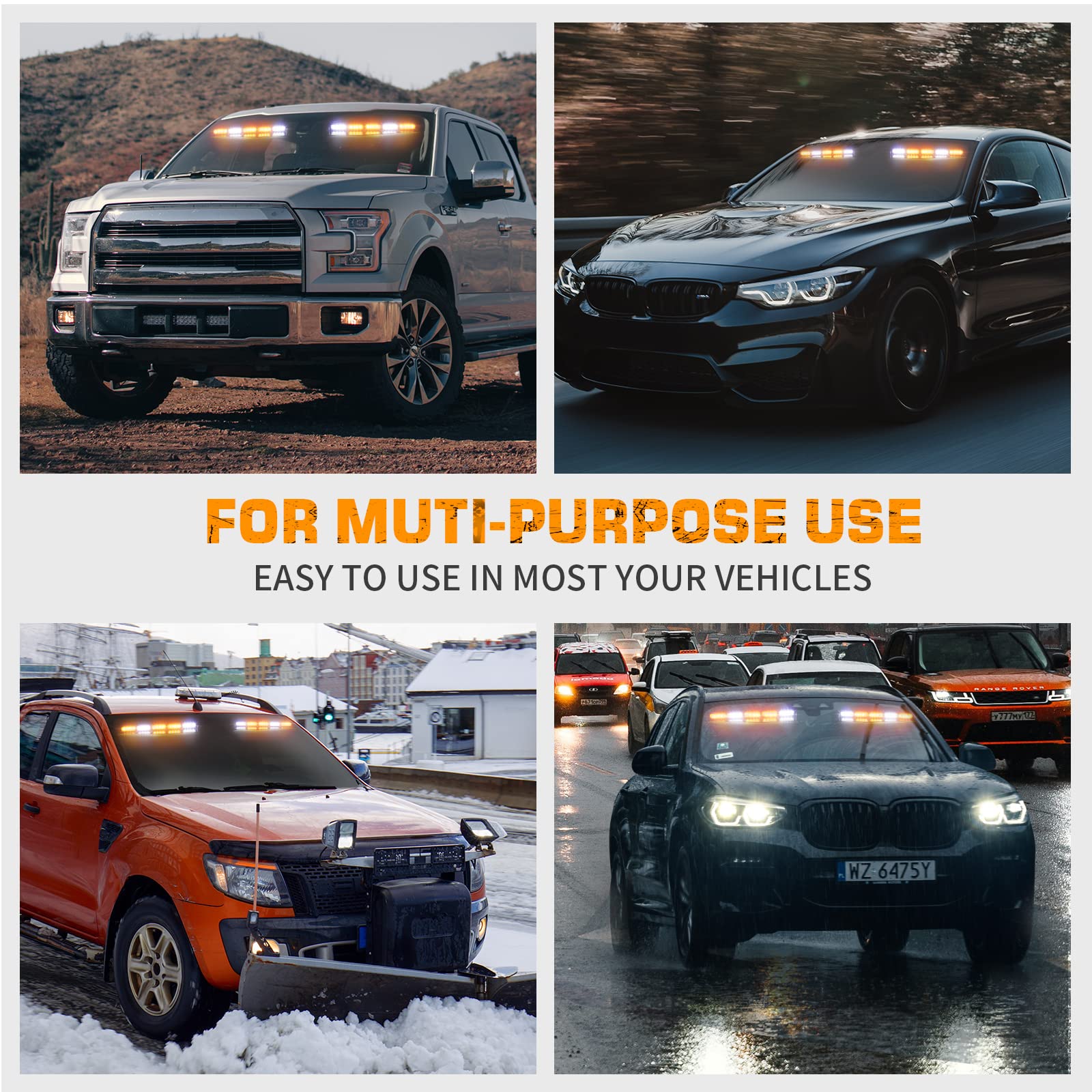 XRIDONSEN 34 Inch LED Emergency Strobe Visor Light Bar - 40 Amber & White Warning Flashing Lights for Trucks, Construction Vehicles - Interior Front Windshield Safety Hazard Lights with Take Down & Deck Split Feature - Ideal for Roadside Emergencies, Construction Zones, and Vehicle Safety Alerts