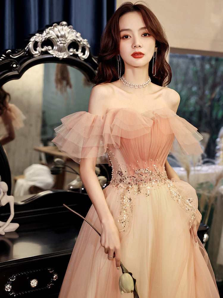 Elegant Off Shoulder Pink Tulle Prom Dress with Beaded Details - Perfect for Evening Parties, Homecoming, and Formal Events