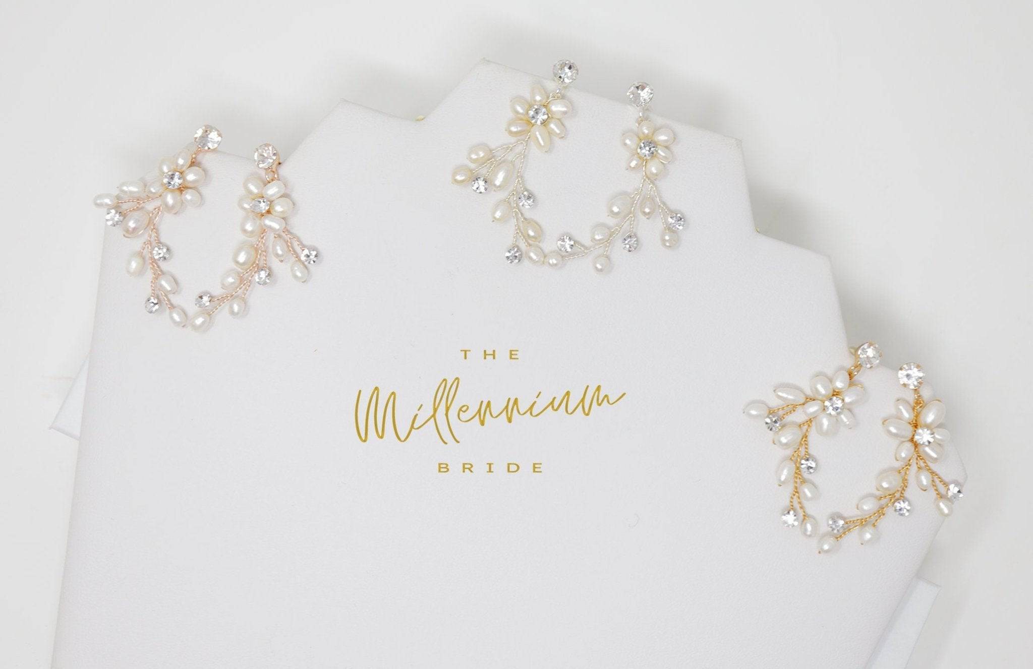 Swarovski Crystal Bridal Earrings with Freshwater Pearls – Elegant White Vine Design for Weddings, Parties & Special Occasions