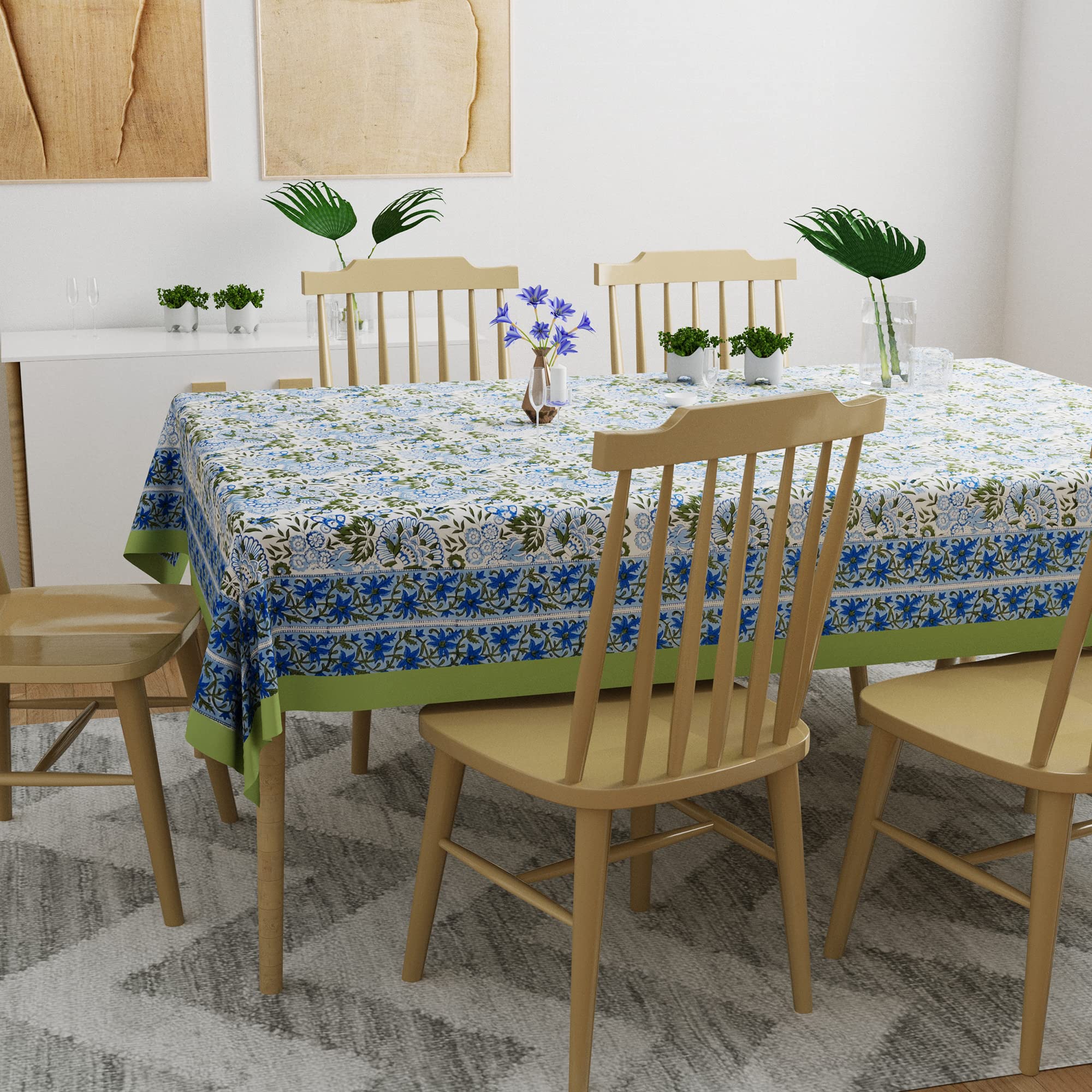 Jaipuri Beige Block Printed Tablecloth Cover - Boho Style Dining Table Decor, Rectangle Tabletop Decoration for Home, Parties & Outdoor Events