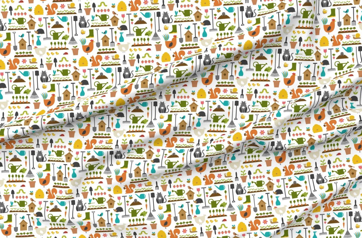 Premium Spoonflower Gardening Tools & Chicken Print Chiffon Fabric by The Yard - DIY Fashion Dresses, Home Decor & Spring Farm-Themed Sewing Projects