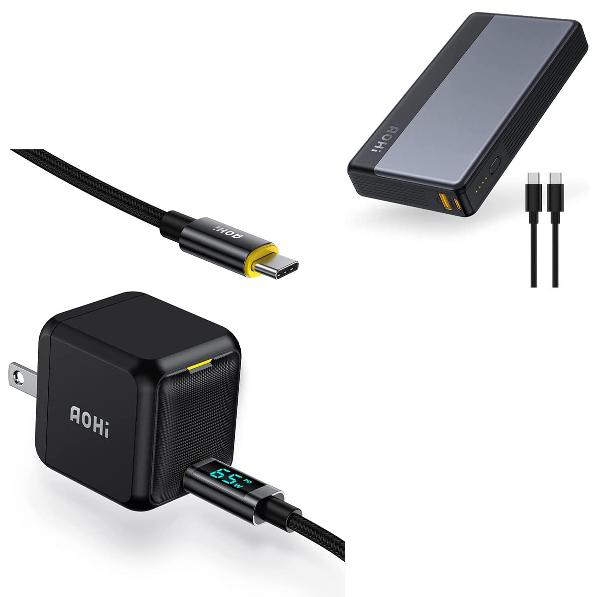 AOHI 65W PD GaN+ USB C Fast Charger with USB C to C LED Cable & 20000mAh Portable Power Bank - PD3.0 Quick Charge for iPhone 15/14, MacBook, iPad, Samsung Galaxy - Perfect for Travel, Office & Emergency Charging