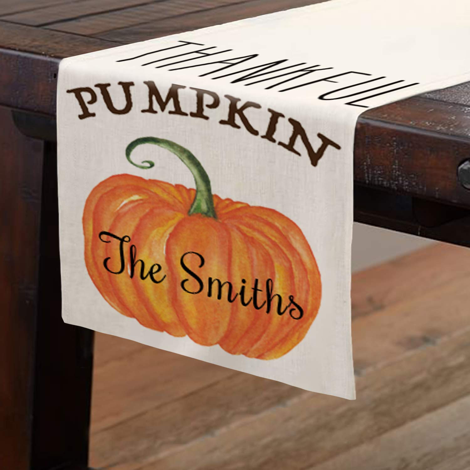 Custom Personalized Thanksgiving Table Runner - Thankful Family Name Pumpkin Fall Decor, 13 x 72 Inch Washable Tablecloth for Dining & Kitchen - Perfect for Indoor & Outdoor Holiday Decorations