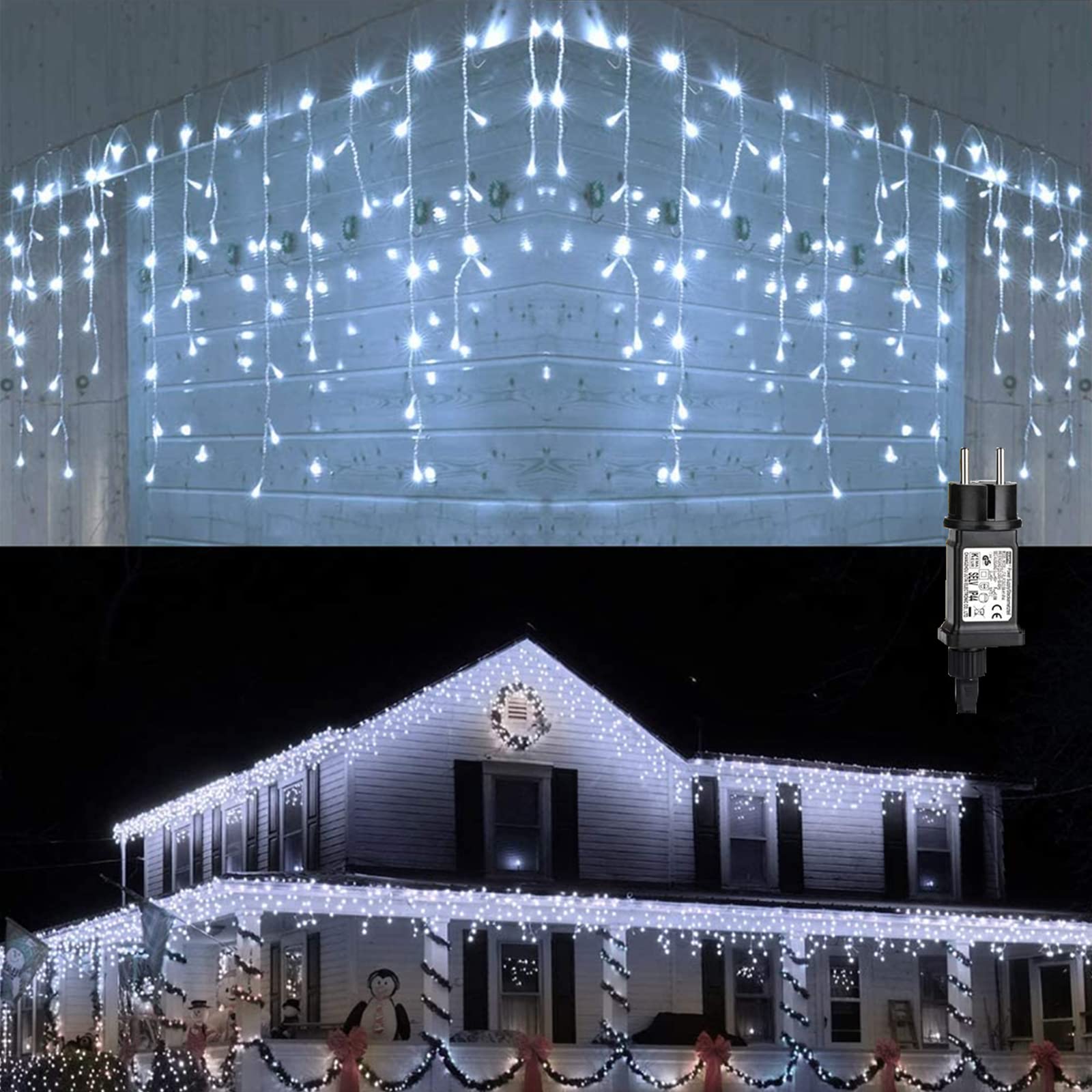 PhilzOps 480 LED 19M Outdoor Waterfall Christmas Lights - Waterproof Cool White with 8 Lighting Modes - Perfect for Indoor/Outdoor Holiday Decor, Garden, Party & Window Display (White Cable)