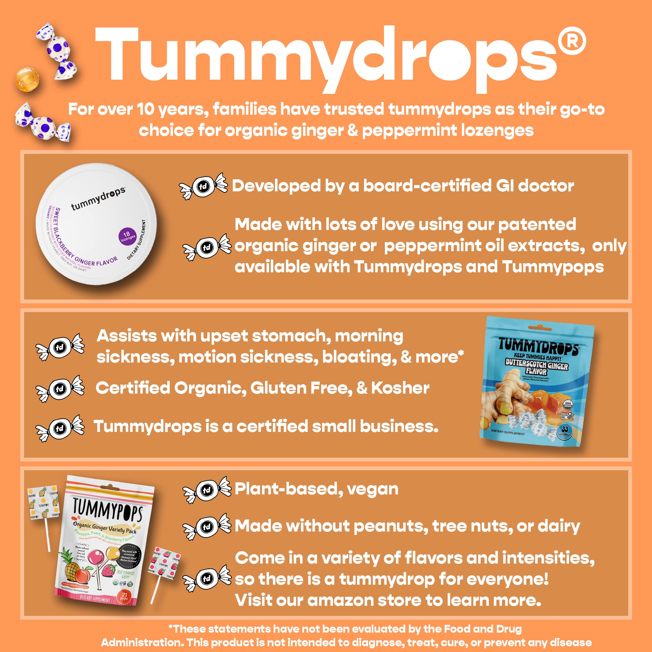 Organic Ginger Tummydrops for Digestion - USDA Certified, Gluten Free & Vegan - 33 Individually Wrapped Drops in Resealable Bag - Perfect for Travel, Motion Sickness & Upset Stomach Relief