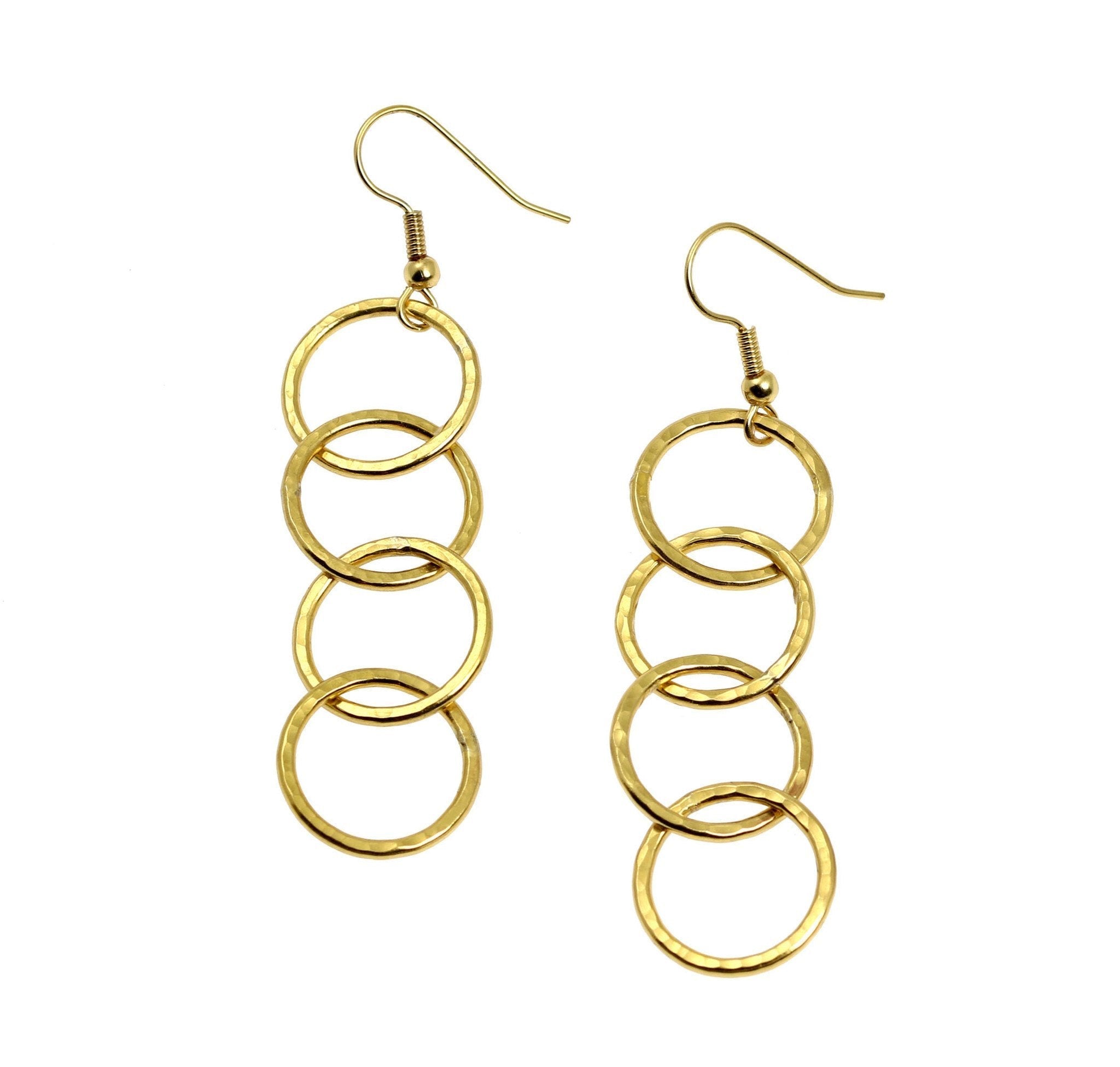 Nu Gold Brass Hammered Four Link Drop Earrings for Women - Vintage Boho Jewelry for Parties, Weddings & Everyday Wear