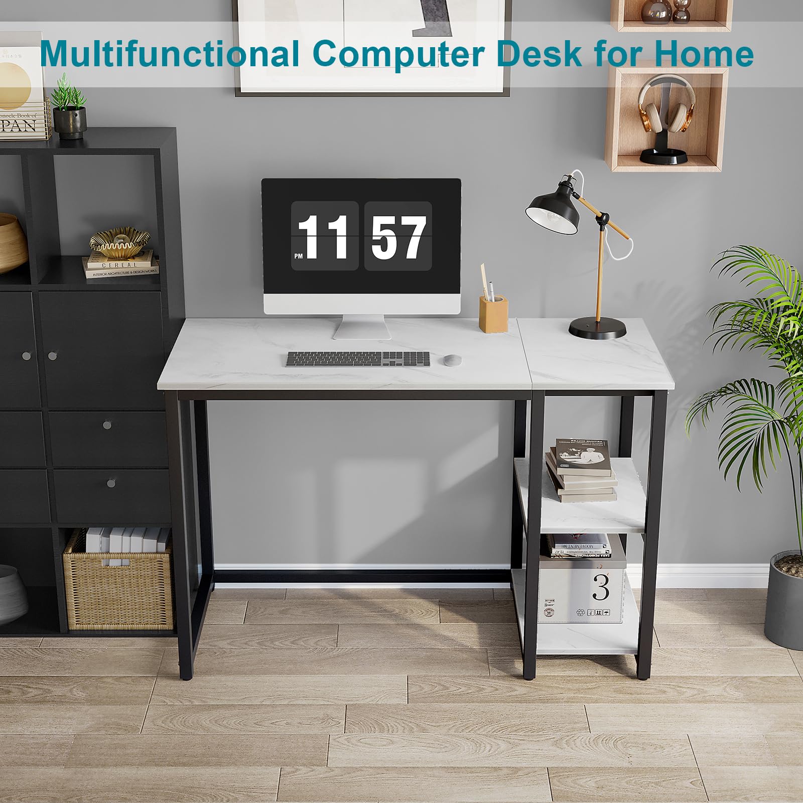 SINPAID 40-inch Modern Computer Desk with 2-Tier Shelves - Sturdy Home Office Desk, Gaming & Study Table with Large Storage Space - Black Marble & White Marble Finish - Perfect for Small Spaces, Dorm Rooms & Home Offices