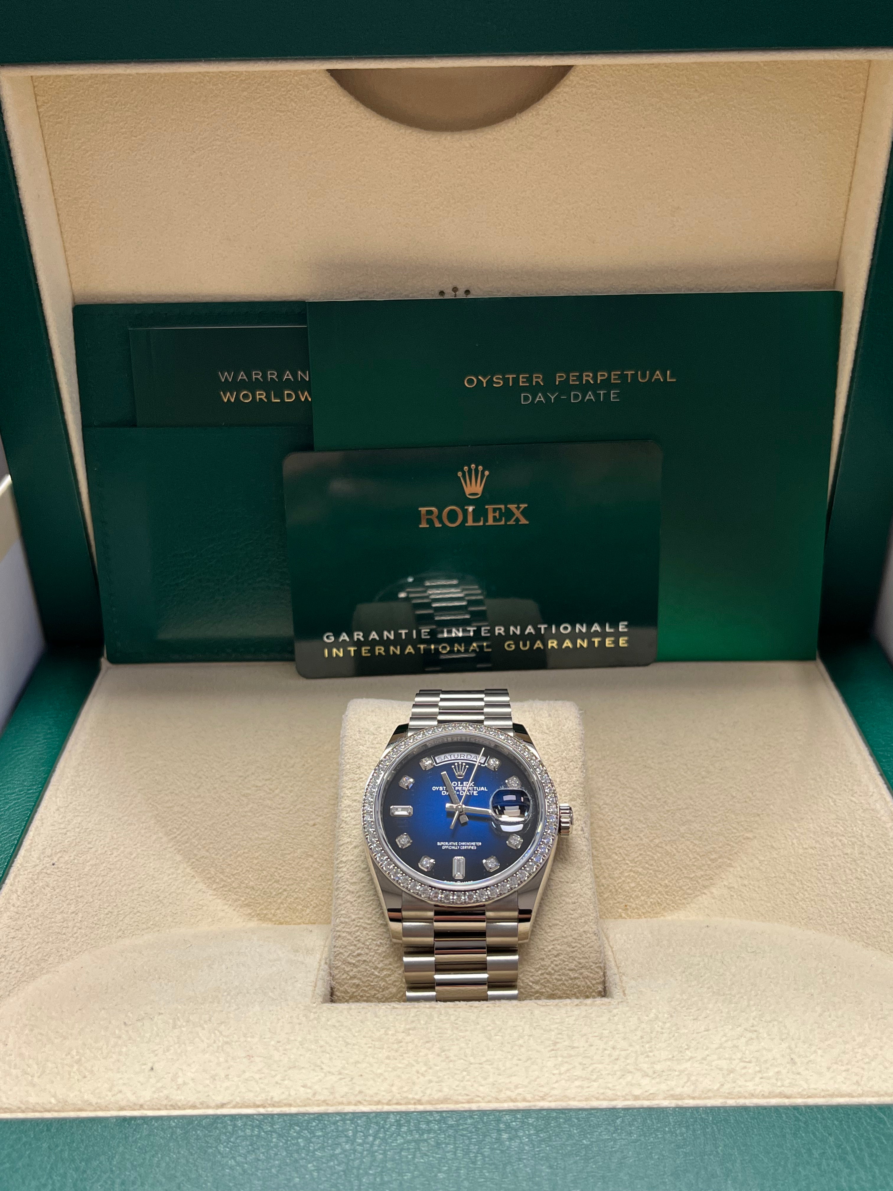 Rolex Day Date 36mm Blue Ombre Diamond Bezel White Gold President Bracelet Watch 128349RBR - Luxury Dress Watch for Business & Formal Occasions