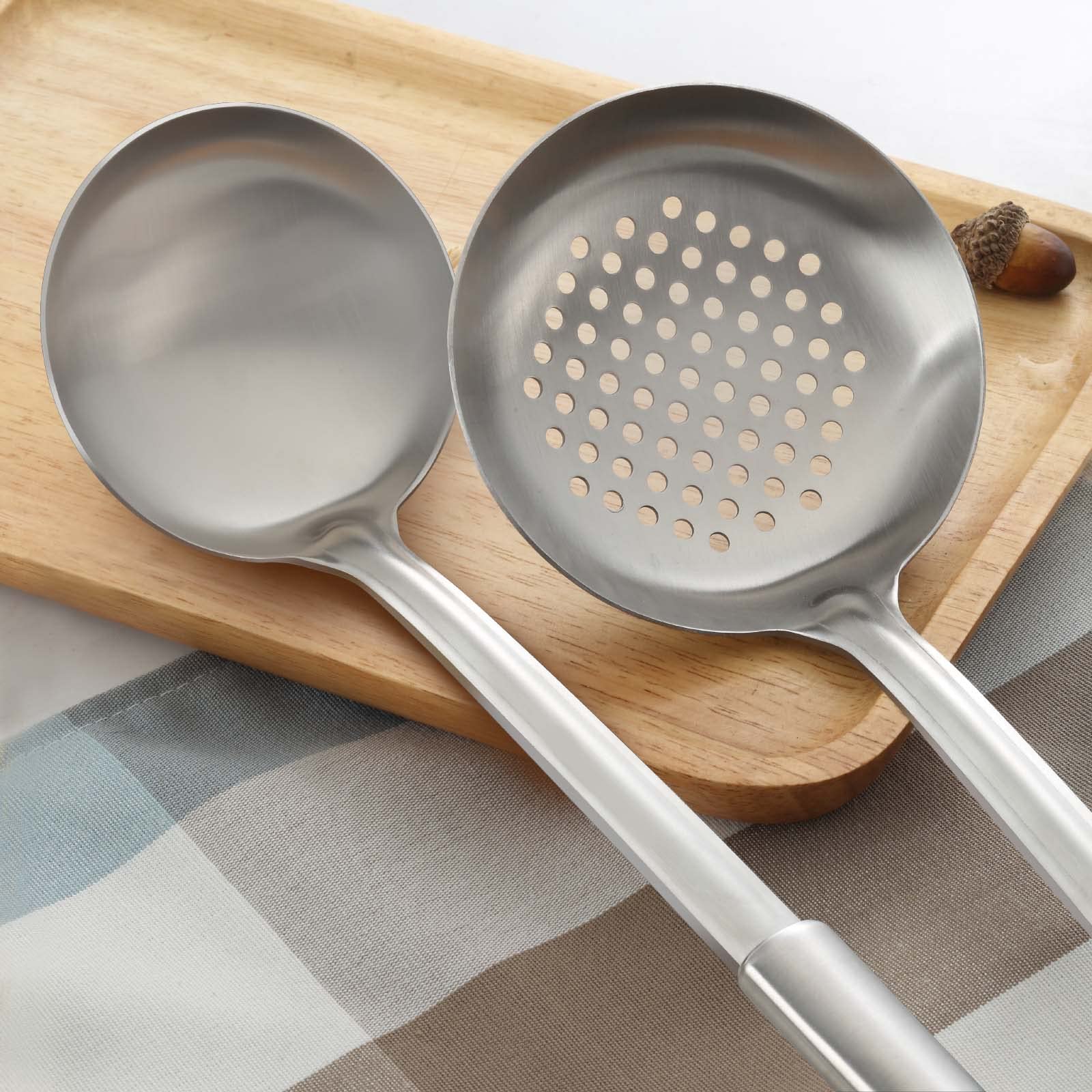 Premium 2-Piece Stainless Steel Ladle and Slotted Spoon Set - Soup Ladle & Strainer Skimmer - Durable Kitchen Utensils for Cooking, Serving - Perfect for Home Chefs & Restaurants - Dishwasher Safe - Ideal for Soups, Stews, Pasta & Deep Frying