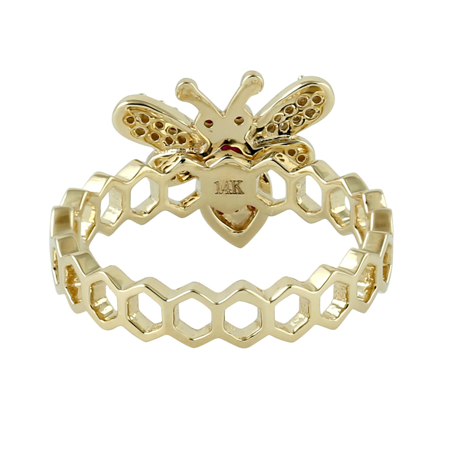14K Yellow Gold Bezel Set Ruby & Pave Diamond Honeybee Band Ring - Elegant Stackable Jewelry for Women, Perfect for Weddings, Anniversaries & Everyday Wear