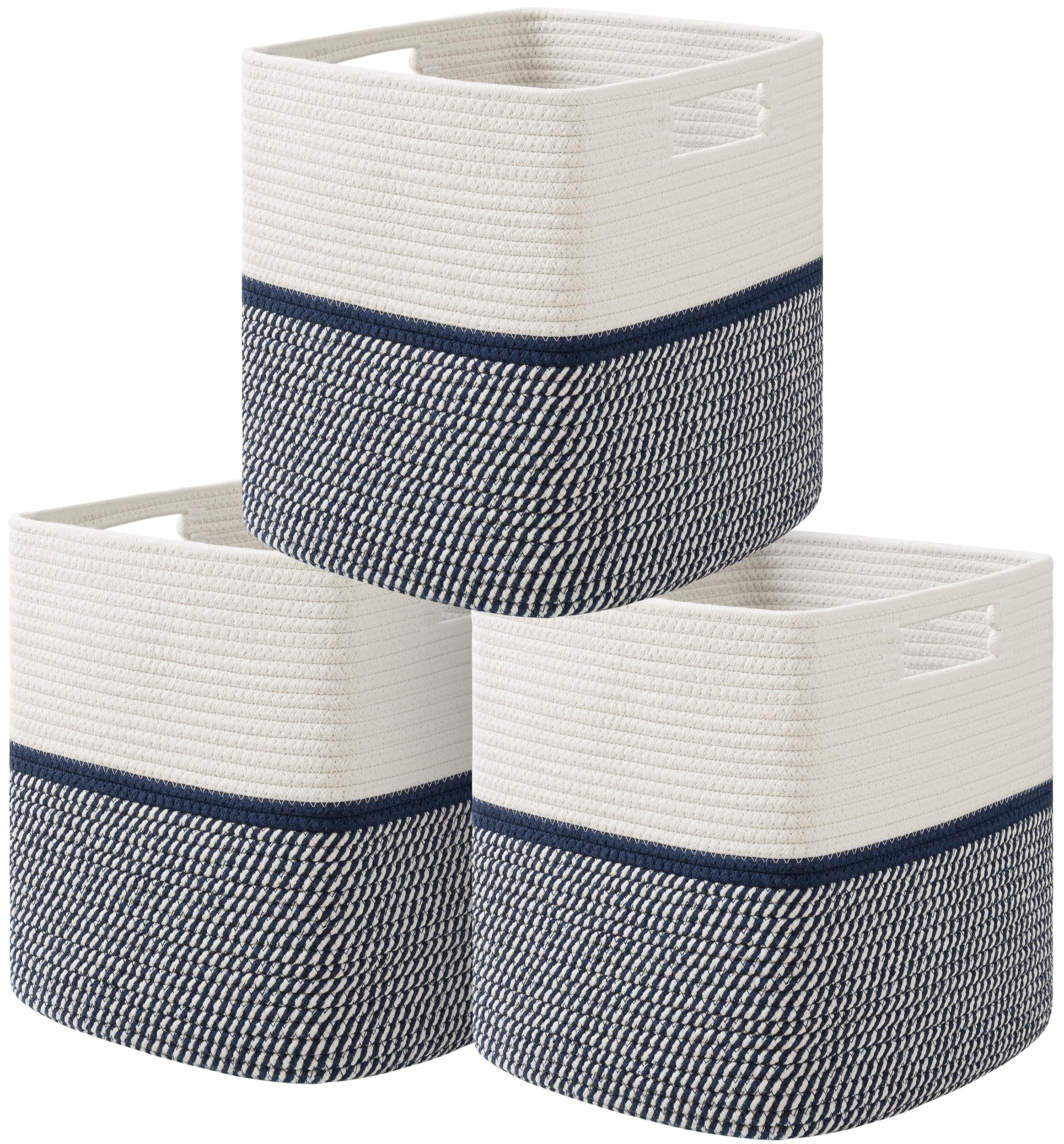 UBBCARE Set of 3 Cube Storage Bins - 11x10.5x10.5 Inch Woven Cotton Rope Baskets with Handles for Shelves, Toys, Books & Home Organization - Mixed Blue | Perfect for Nursery, Closet & Living Room Storage