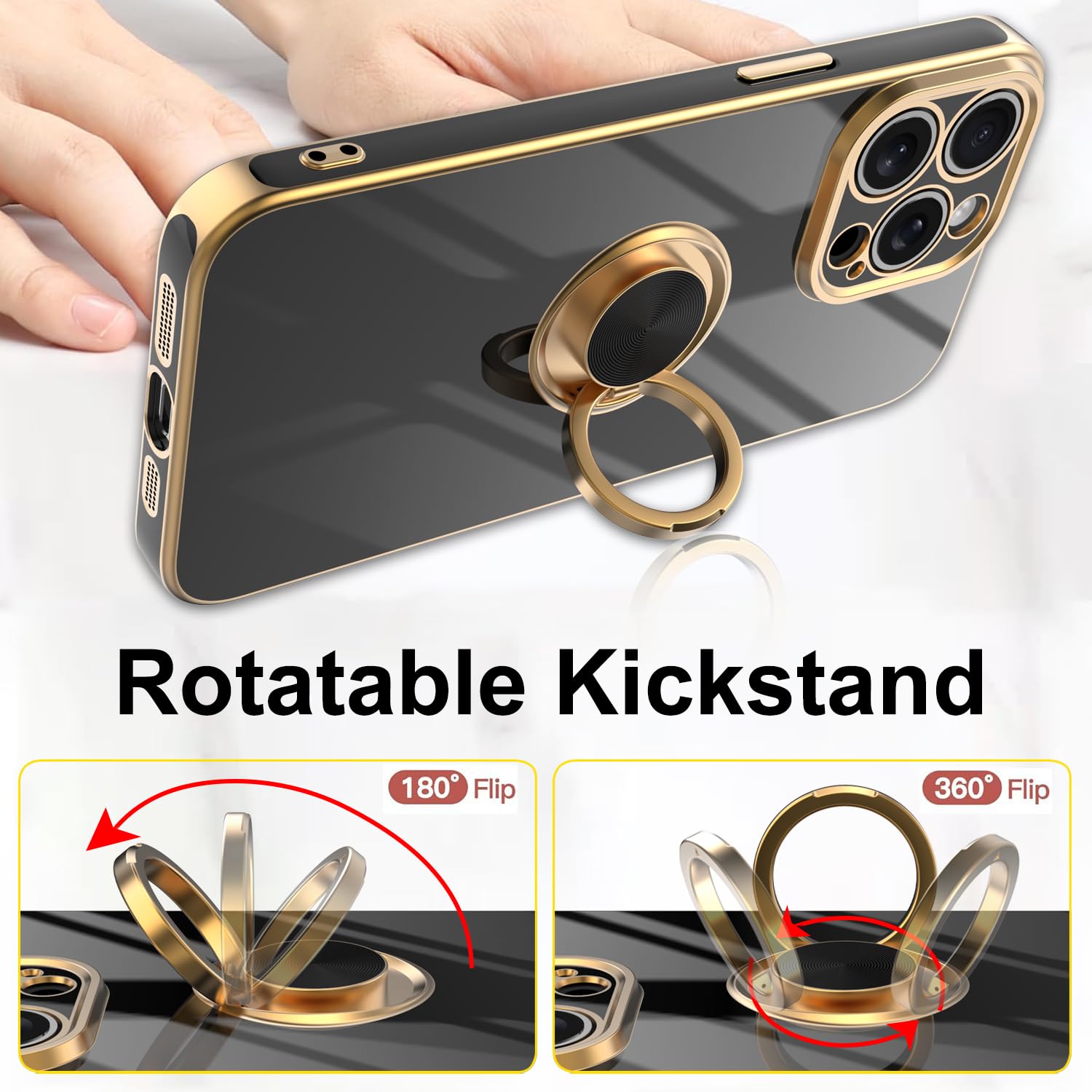 Premium iPhone 15 Pro Max Case with Multi-Function Finger Ring Stand - Upgraded Camera Protection & Gold Plated Slim Cover (Black) | Perfect for Everyday Use, Travel & Hands-Free Viewing