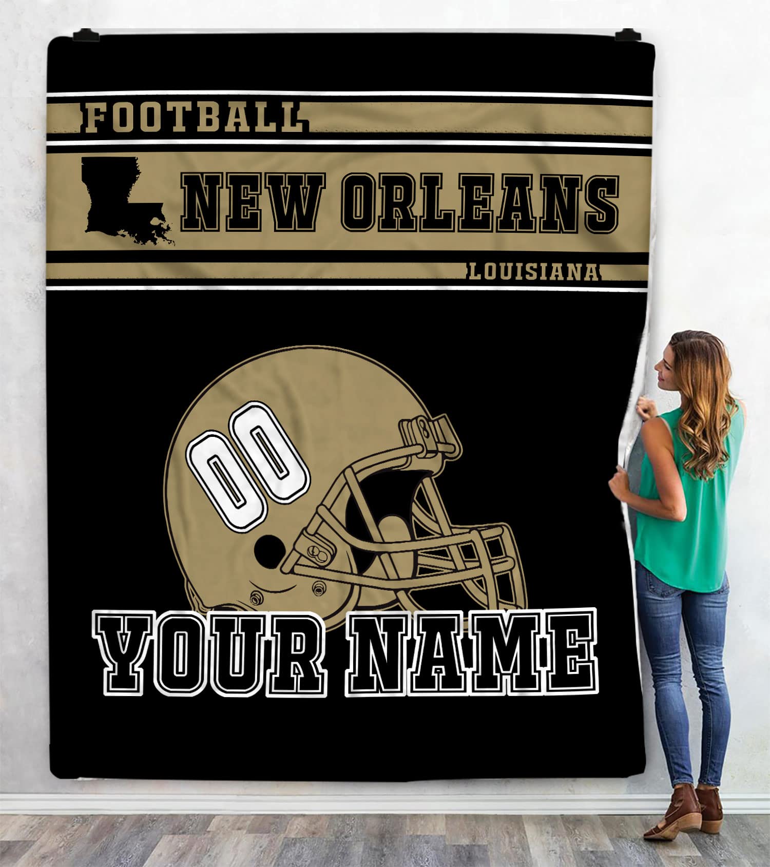 Custom Personalized Football Throw Blanket - New Orleans Saints Team Blanket with Name & Number - Perfect Sports Fan Gift for Men, Women, Birthday Present from Mom or Dad - Cozy Sofa Blanket for Game Day & Home Decor