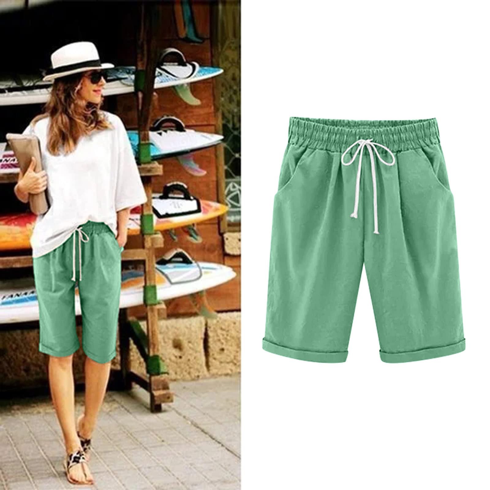 Trendy Plus Size Bermuda Shorts for Women - Stretchy Mid Rise Denim Shorts with Folded Hem | Summer Casual Wear, Beach Outfits & Everyday Comfort