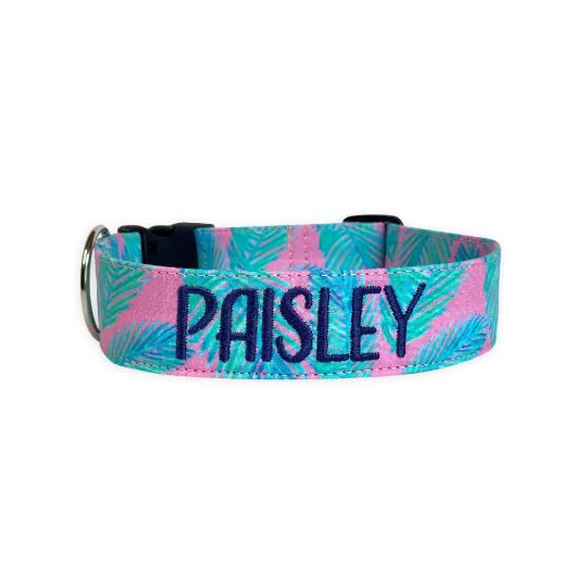 Duke & Fox® Custom Embroidered Dog Collar with Summer Palm Design - Personalized Pet Collar for Small Medium Large Dogs - Perfect for Beach Walks & Summer Outings