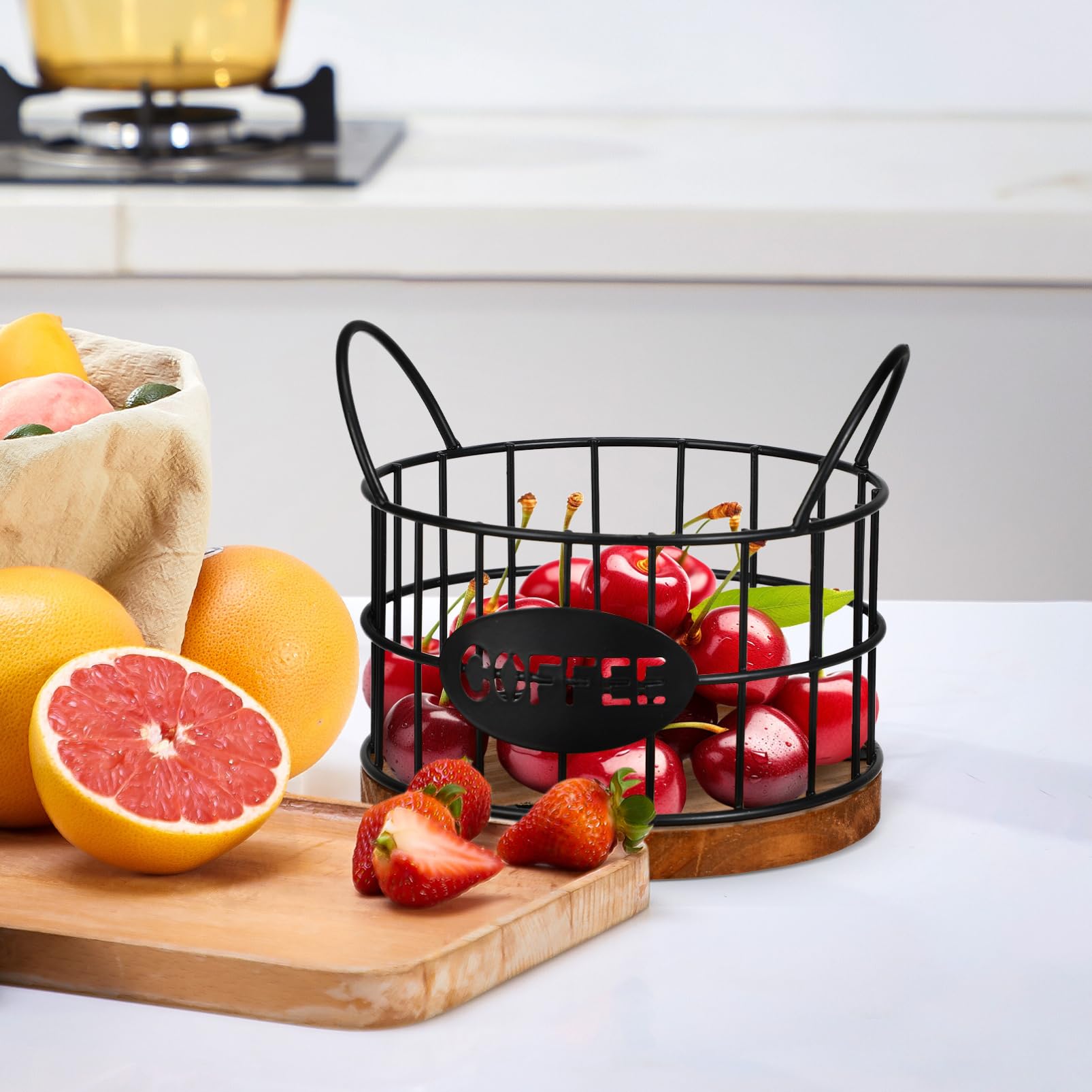 Sturdy Wire Coffee Pod Holder with Wooden Base & Handles - Countertop Storage Organizer for Keurig K-Cups & Nespresso Capsules - Perfect for Home, Hotel, Coffee Bar & Office Use