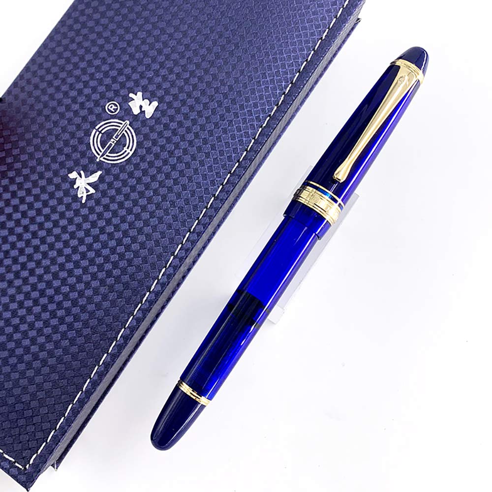 Lanxivi Yongsheng 699 Vacuum Filling Fountain Pen with 14K Gold Fine Nib - Blue Translucent Acrylic Body | Premium Writing Instrument for Calligraphy, Journaling & Office Use