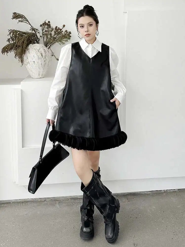 Black Leather Mesh Dress Shirt & Suit Set for Women - Fashionable Two-Piece Lapel Long Sleeve Outfit for Spring & Fall 2025 (Style 1DH9256) | Perfect for Office Wear, Evening Events & Special Occasions