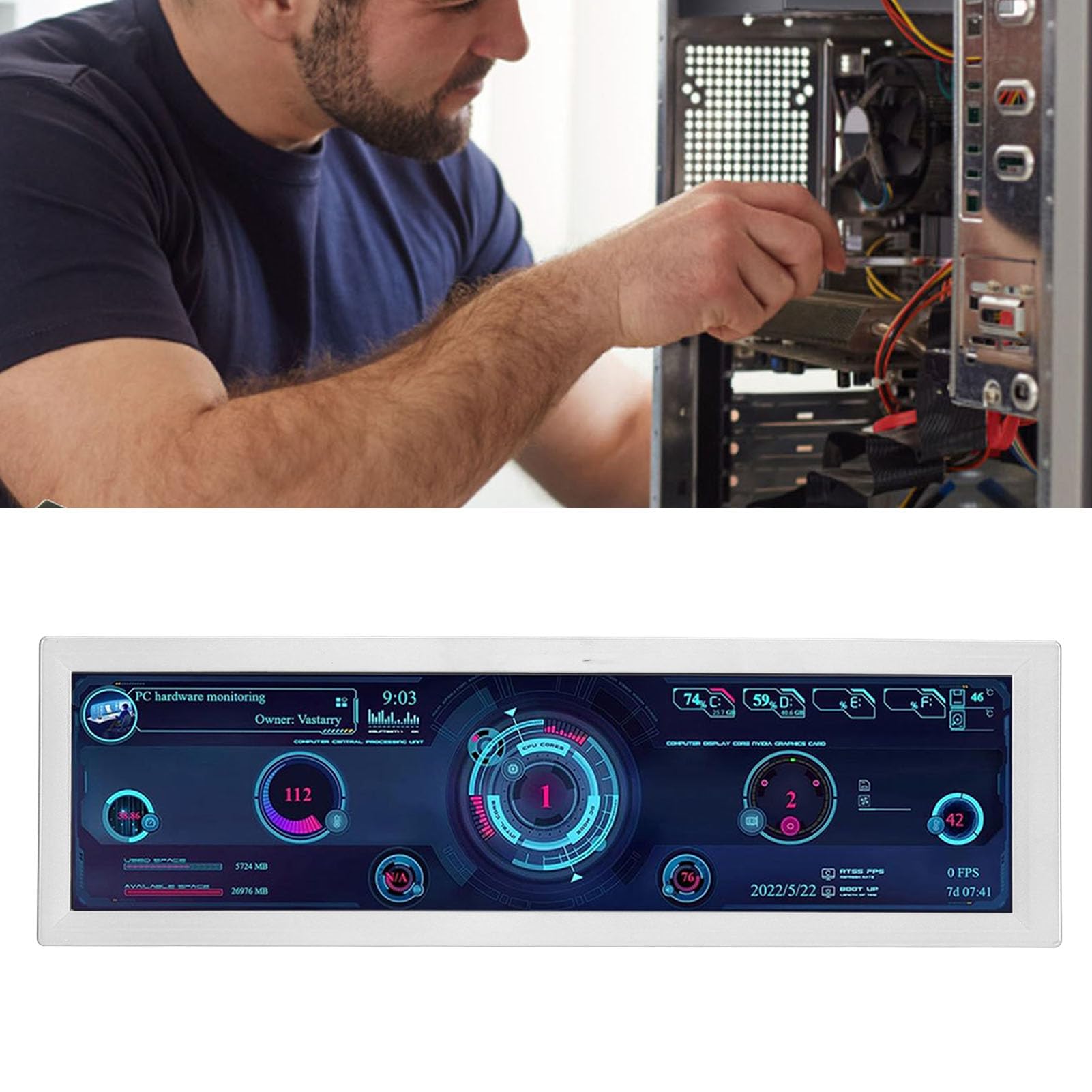 CIGIGLOW 8.8 Inch PC Temperature Monitor - HD IPS 1920x480 Display with Mini HDMI/USB - Real-Time CPU GPU RAM FPS HDD Data Screen for Gaming & Workstation (White) - Perfect for Gaming Rigs, Streaming Setups & Office Computers