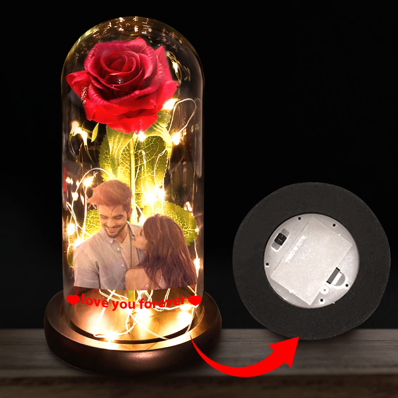Custom Photo Rose Light - Personalized LED Rose in Glass Dome with Picture Text, Eternal Flower Lamp for Mother's Day, Valentine's, Anniversary & Birthday Gifts | Romantic Home Decor, Bedroom Night Light, Wedding Centerpiece