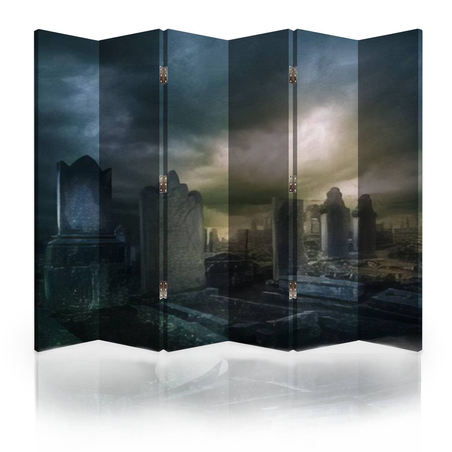 Spooky Halloween Graveyard Canvas Room Divider - 6 Panel Folding Privacy Screen with Dark Clouds Design | Perfect for Home Decor, Party Backdrop & Room Partition
