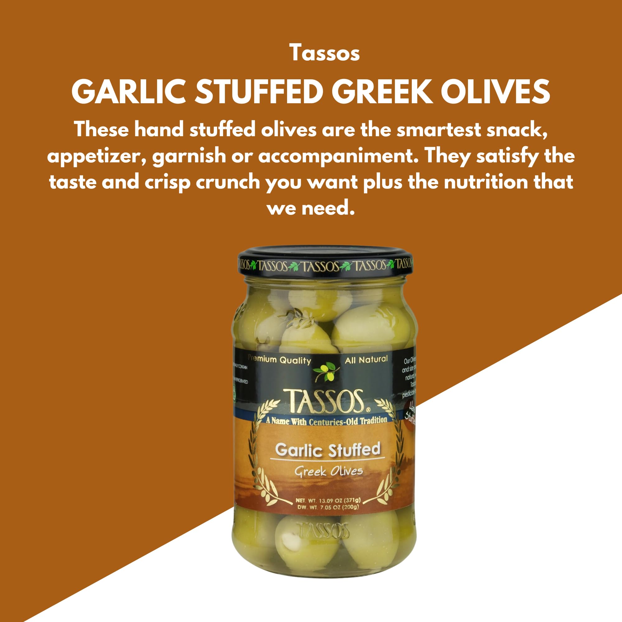 Tassos Garlic Stuffed Green Olives - 13 oz Jar | Premium Mediterranean Snack for Charcuterie Boards, Salads & Cocktails