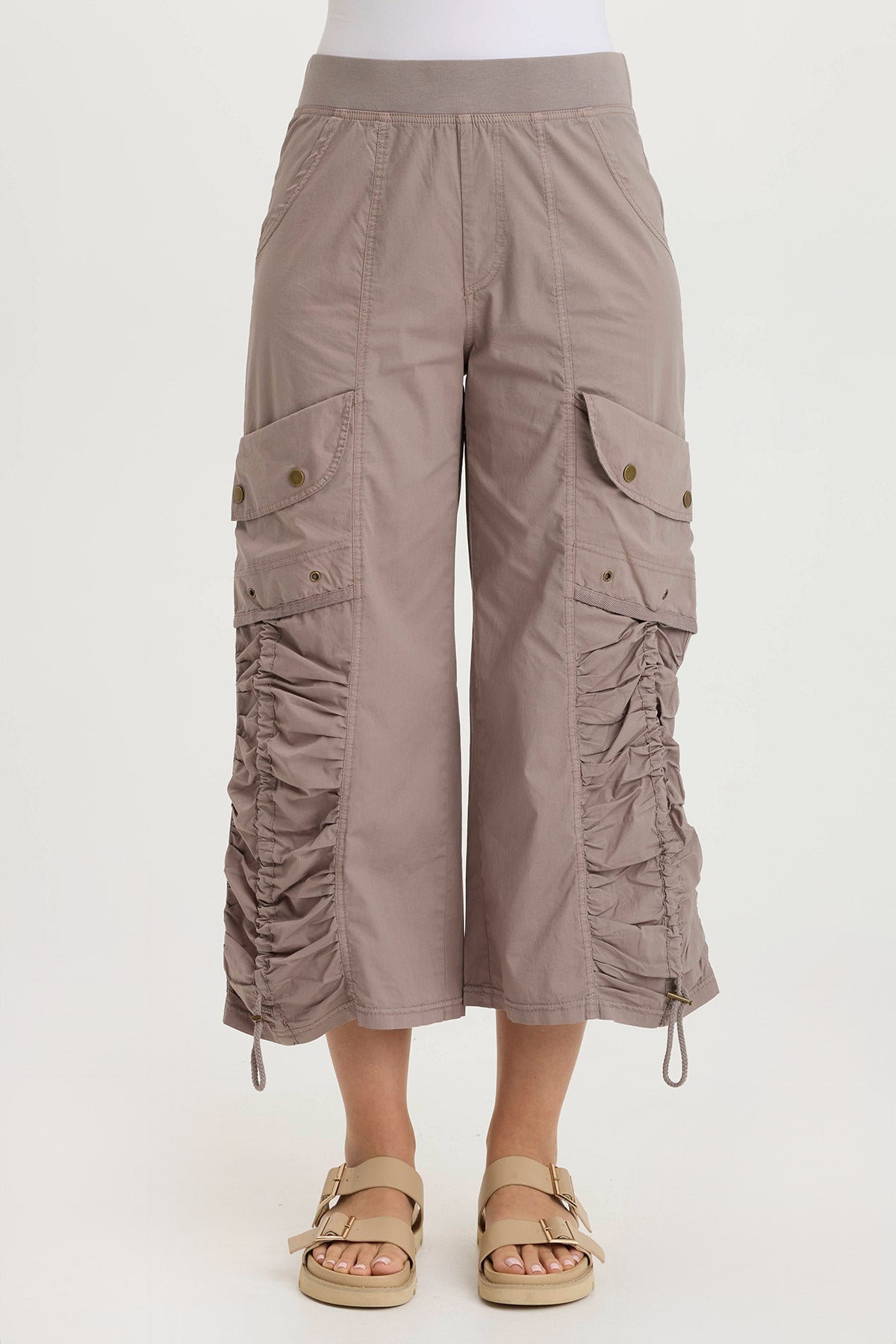 Muldoon Women's Poplin Ruched Wide Leg Crop Pants - High Waisted Casual Trousers for Summer, Office & Travel