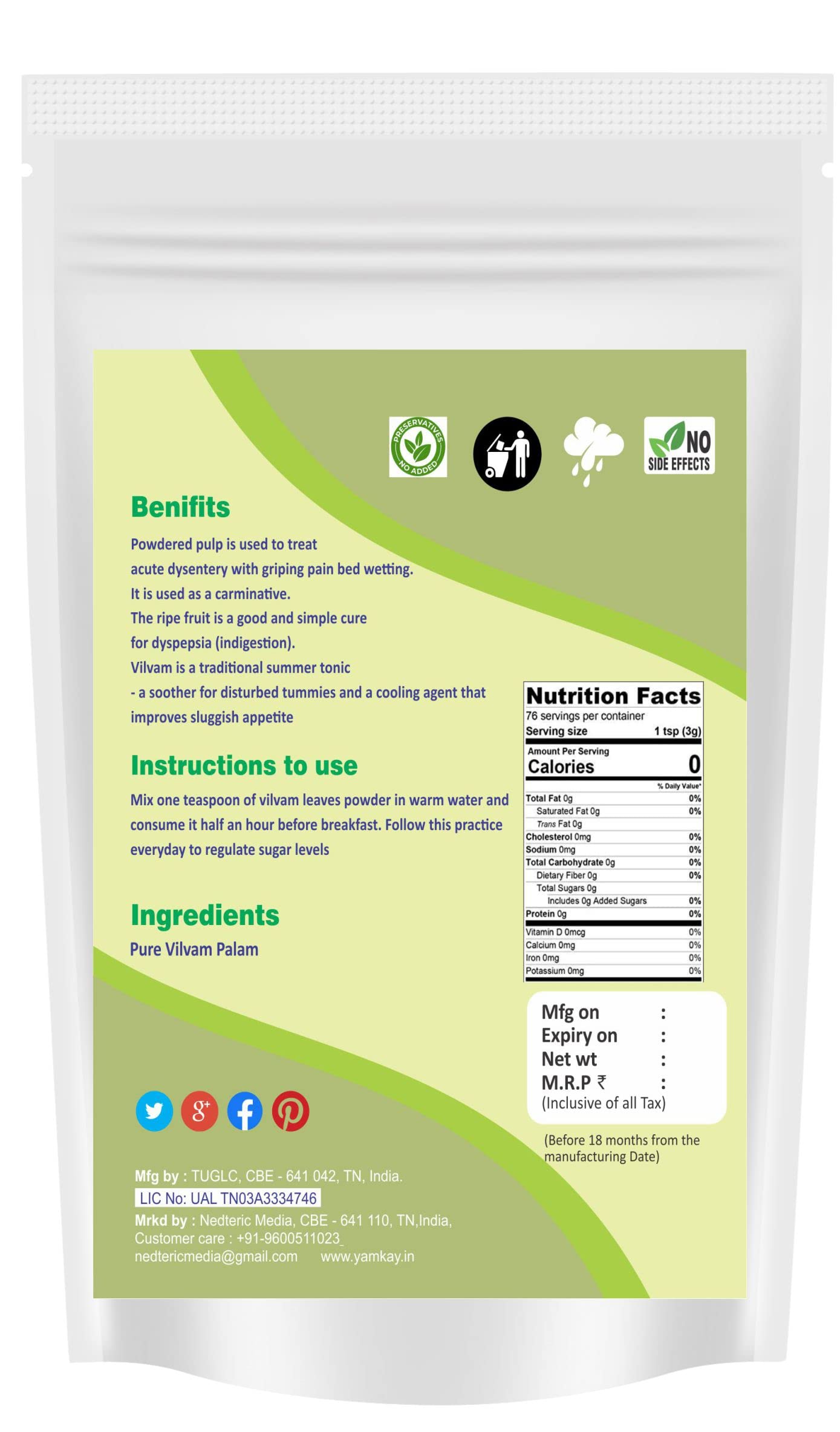 Organic YAMKAY Vilvam Palam (Bael Fruit/Aegle marmelos) Powder - 100g | Natural Digestive Support & Immunity Booster | Perfect for Herbal Teas, Smoothies & Ayurvedic Remedies