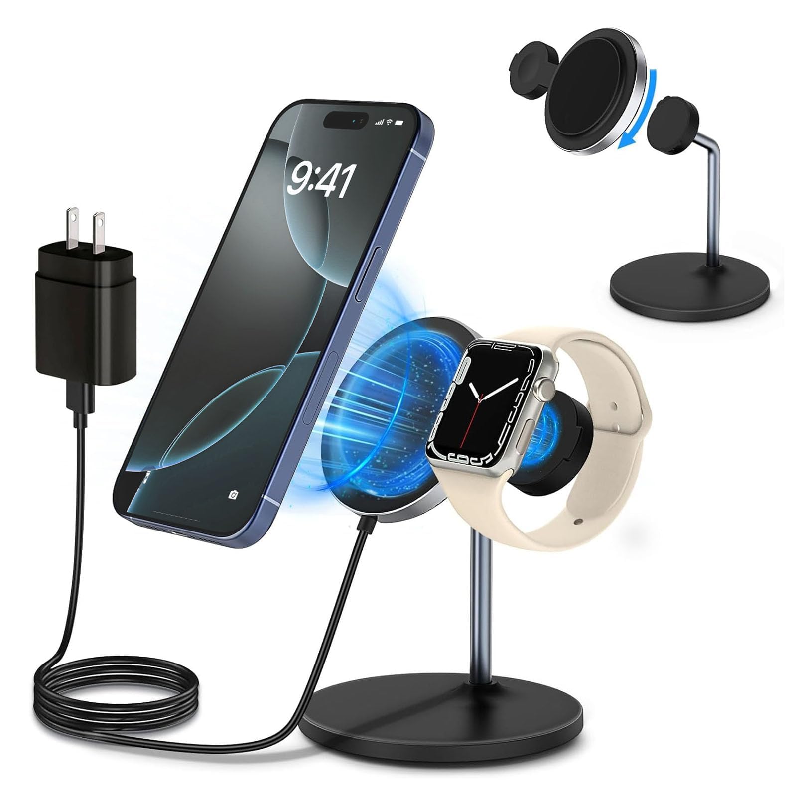 2 in 1 Magnetic Wireless Charger Stand - 15W Fast Charging Station for iPhone 16/15/14/13/12 Series & Apple Watch | Includes PD 25W Adapter | Perfect for Home, Office & Travel Charging Needs