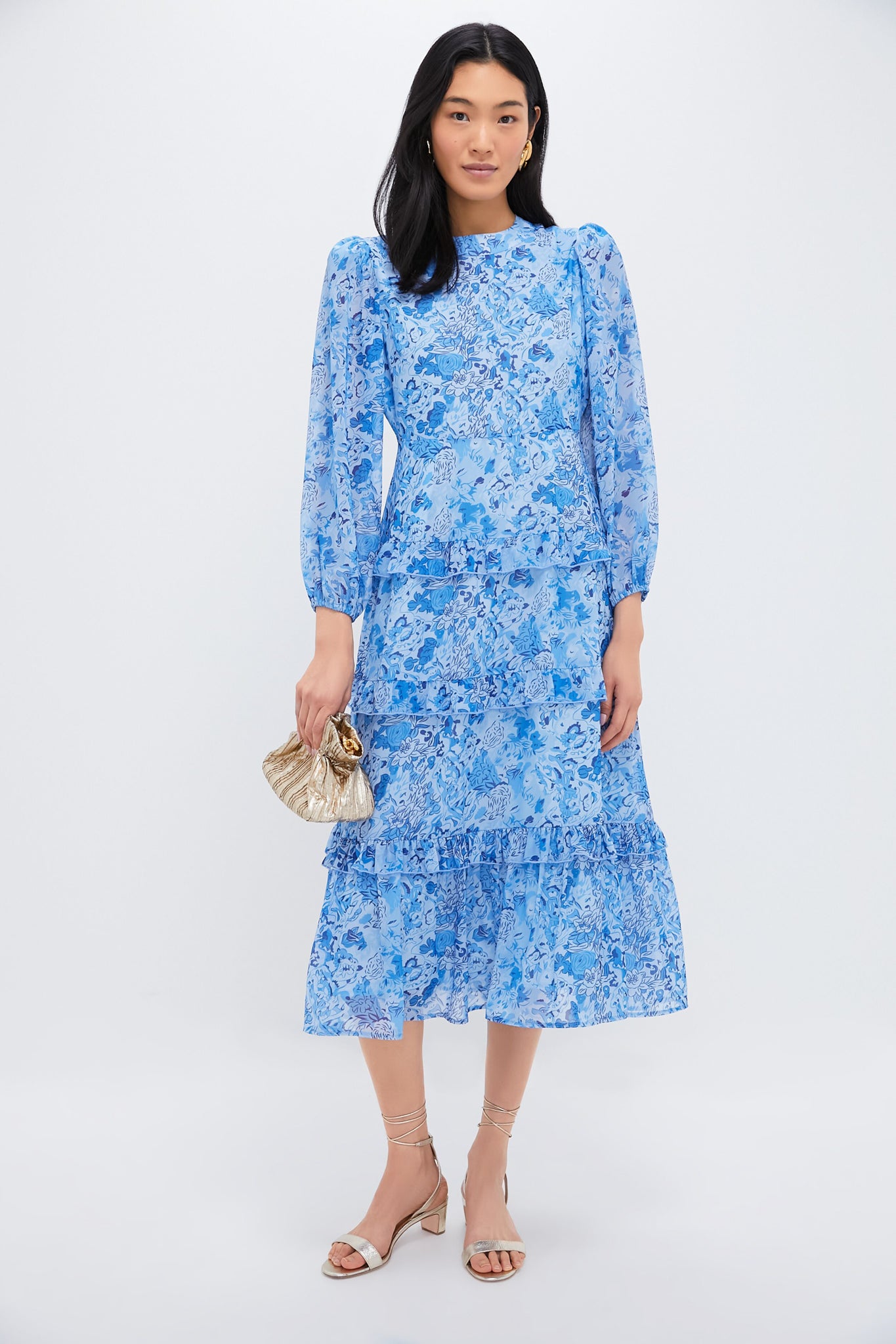 Blue Multi Abstract Floral Rosalind Ruffle Midi Dress - Elegant Summer Dress for Women, Perfect for Beach Vacations, Garden Parties & Date Nights
