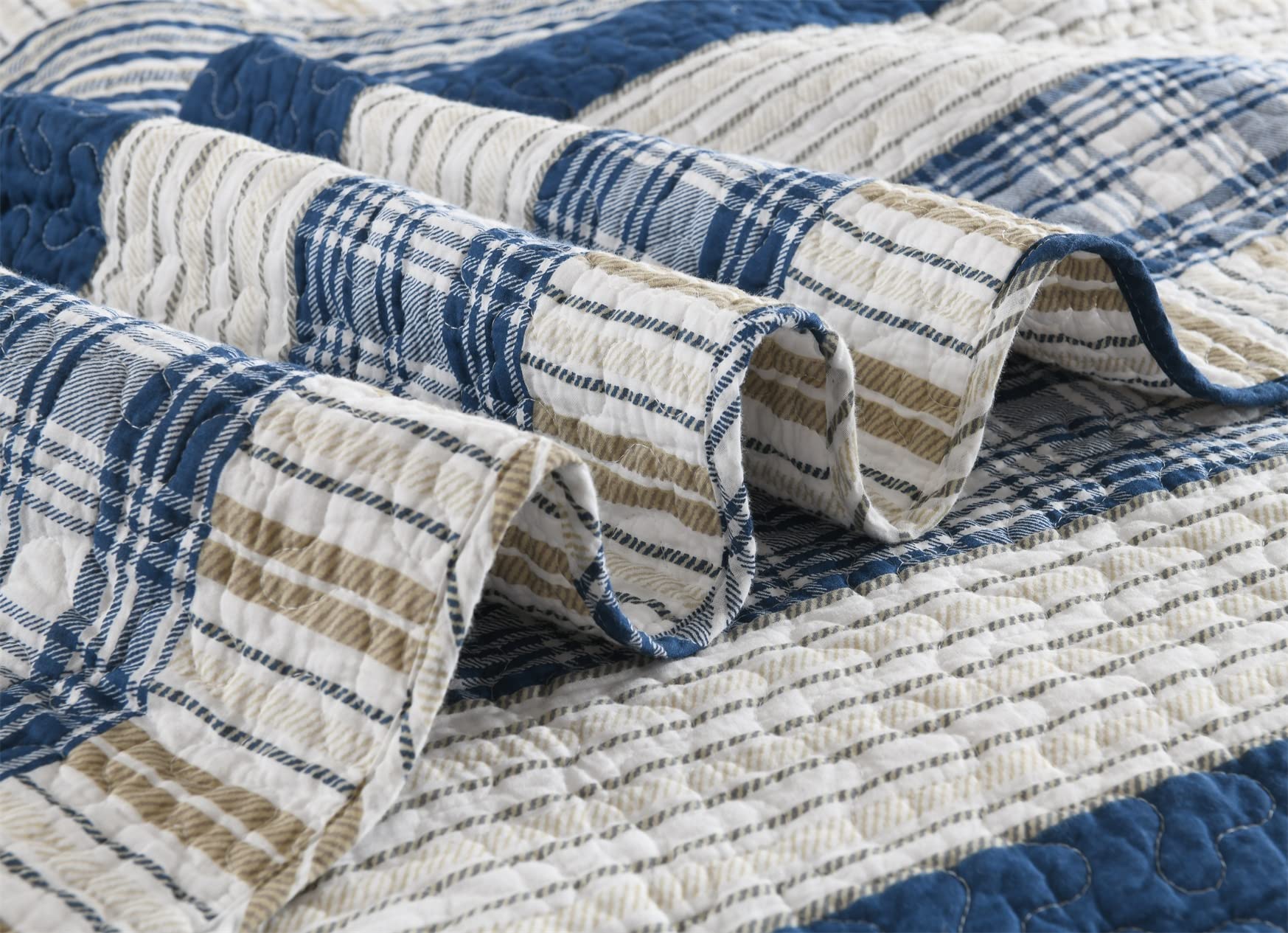Homzard Queen Size Comforter Set - Blue White Tan Striped Quilt, Plaid Farmhouse Bedspread, Lightweight All-Season Bedding (3-Piece) | Perfect for Cozy Farmhouse & Modern Bedroom Decor