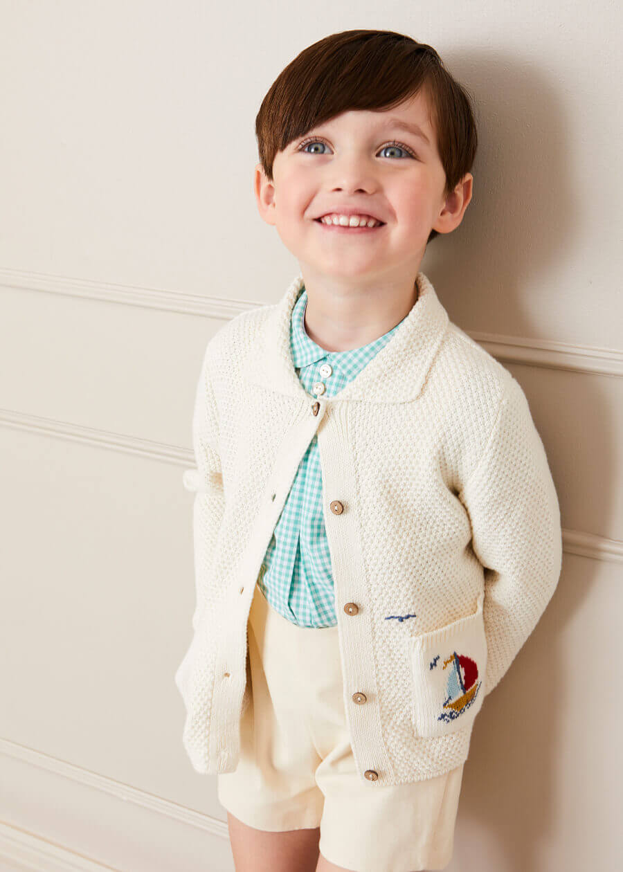 Nautical Boat Embroidery Polo Collar Cardigan for Kids - Cream Knit Sweater (12 Months to 6 Years) - Perfect for School Uniforms, Family Photos & Outdoor Adventures