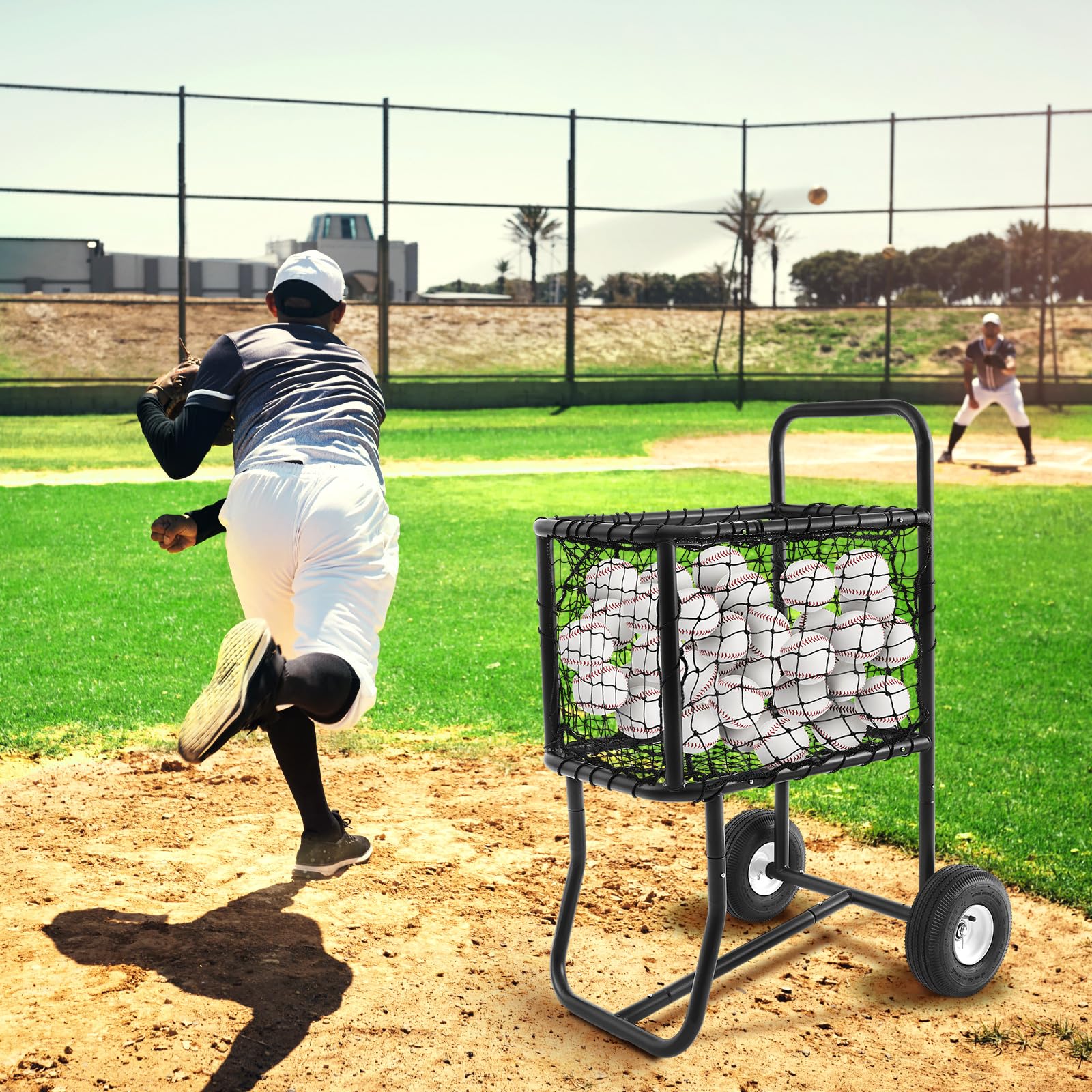 Heavy Duty Baseball Cart with Wheels - Large Rolling Softball Caddy & Ball Holder - Holds 300 Baseballs or 150 Softballs (18