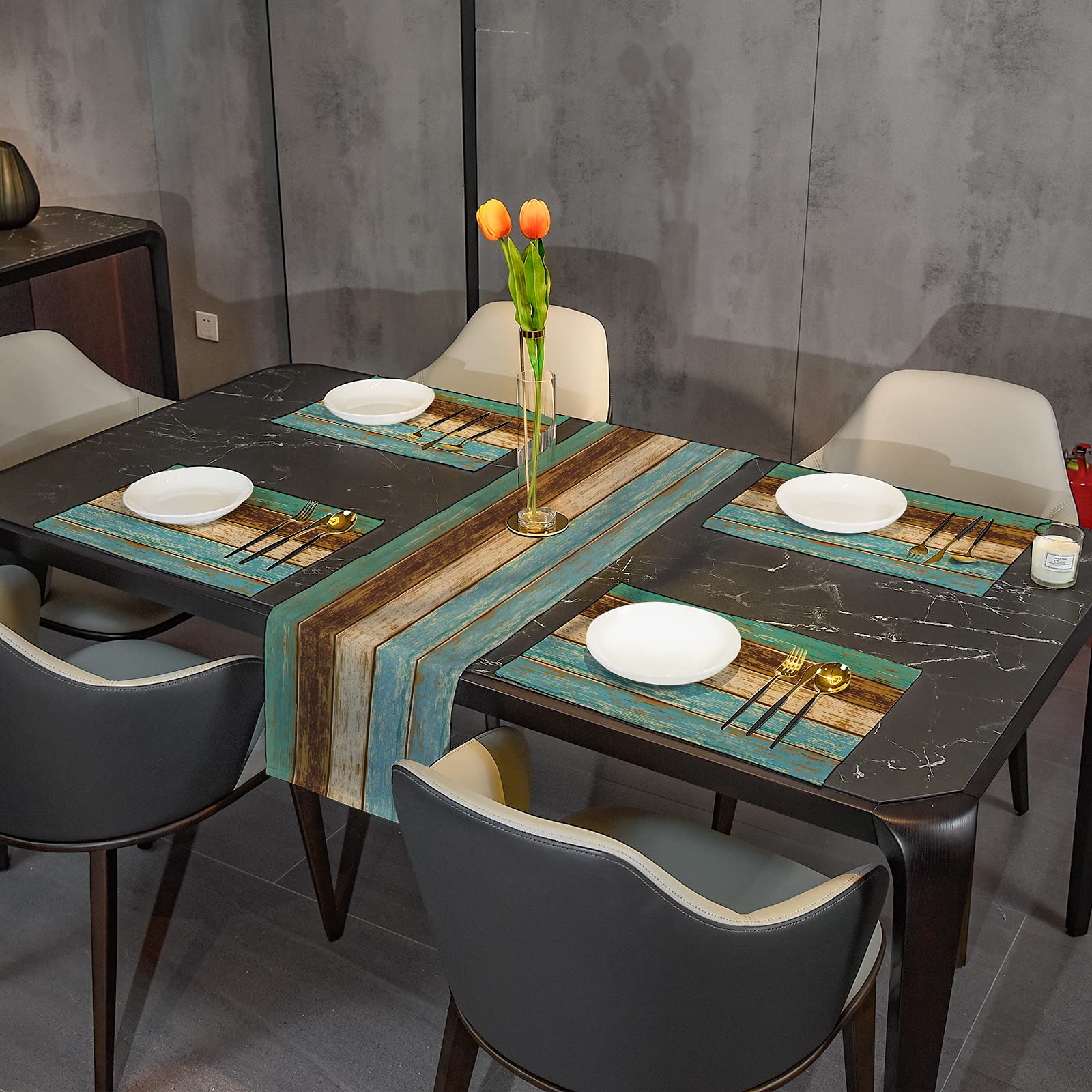 Farmhouse Table Runners 72 Inches Long - Wood Grain Spring Table Runner in Old Barn Wood Blue Brown - Heat Resistant Kitchen & Dining Room Decor for Coffee Tables, Perfect for Rustic Weddings and Seasonal Home Styling