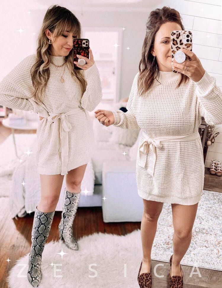 ZESICA Women's Long Sleeve Waffle Knit Tie Waist Tunic Sweater Dress - Fall Winter Pullover Casual Outfit for Work, Date & Holiday Season