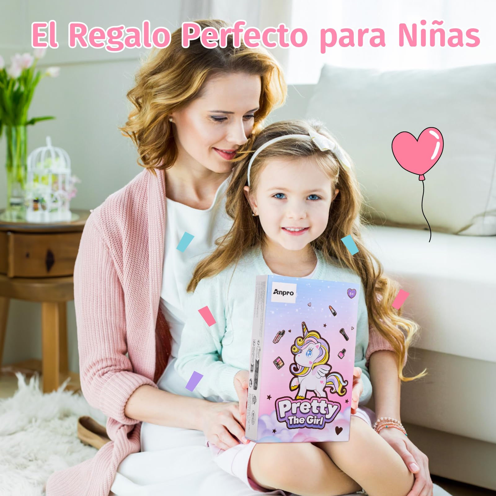 Anpro Girls Makeup Kit with Mirror & Stickers - Safe & Washable for Kids Birthday Gift Ages 3-10