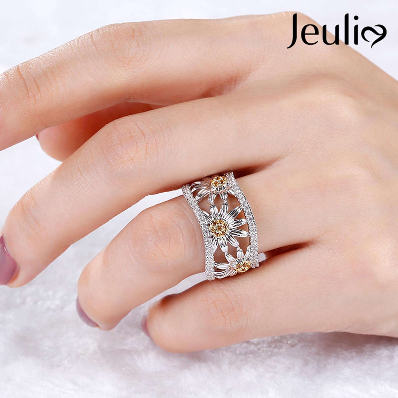 Jeulia Women's Sunflower Band Ring - S925 Sterling Silver Yellow Diamond Hollow Curved Promise Ring for Anniversary, Birthday Gift | Perfect for Weddings, Engagements & Special Occasions