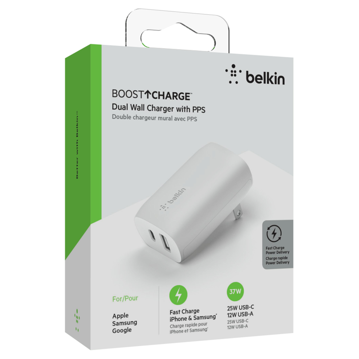 Belkin 37W USB C PD 25W & USB A 12W Fast Charger - White | Dual Port Wall Charger for iPhone, Samsung, iPad & More | Perfect for Home, Office & Travel