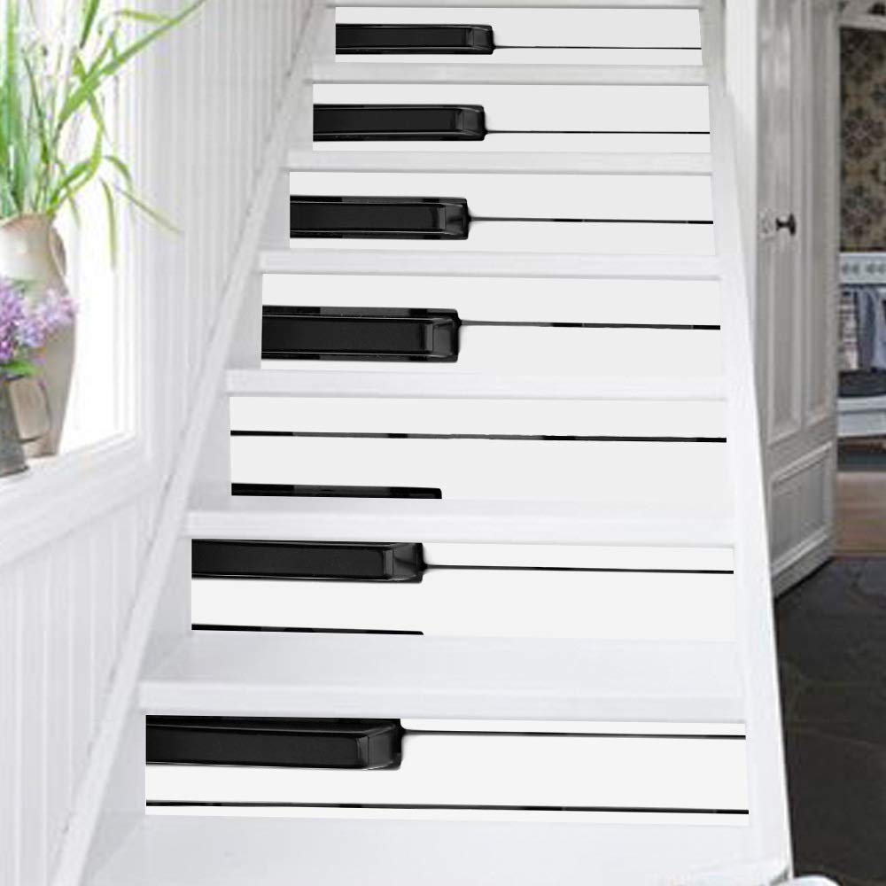 3D Piano Key Stair Stickers - Black & White Self-Adhesive Floor Decals (6-Piece Set, 100x18cm) - Perfect for Home Decor, Staircase Makeover & Music Room Design