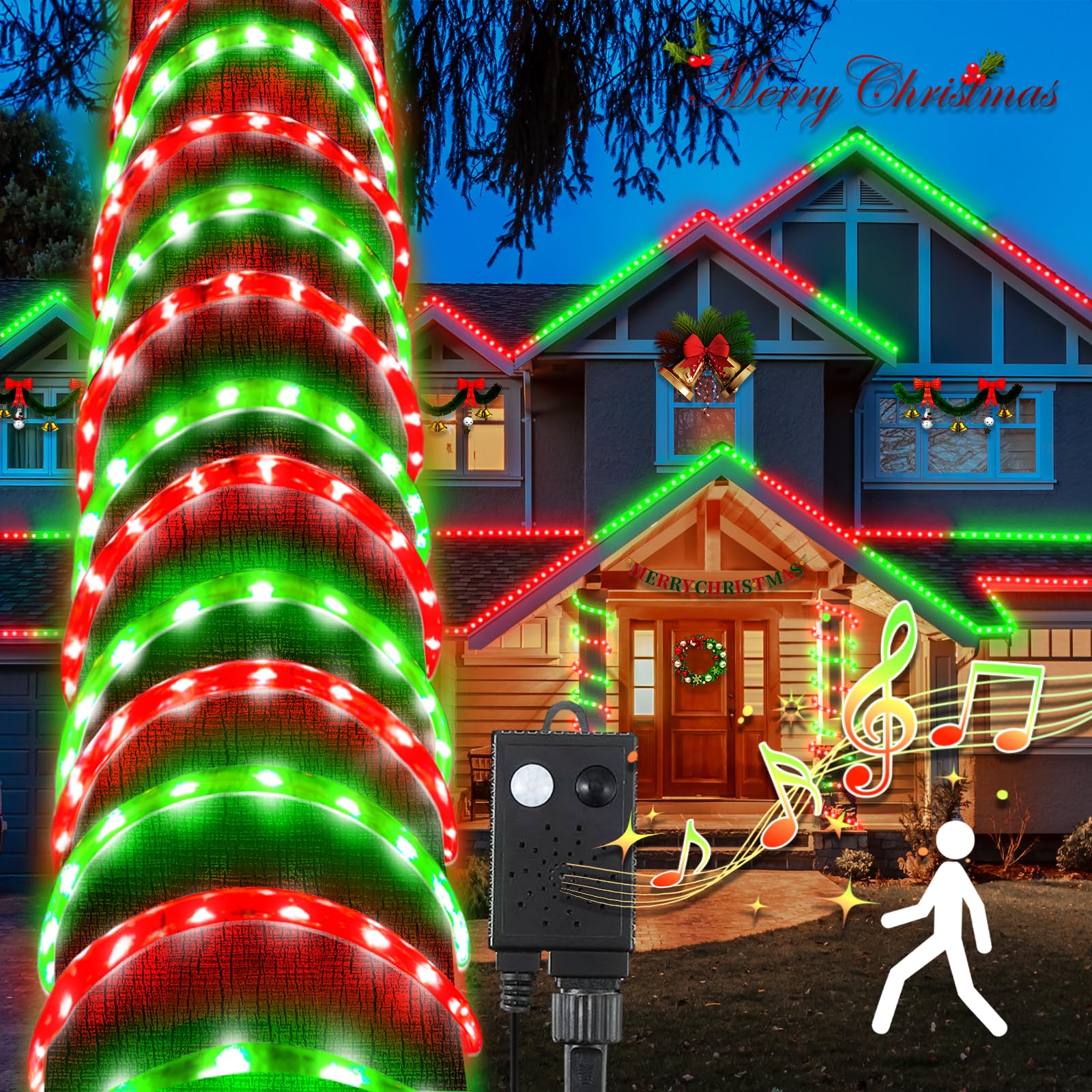 66FT 800 LED Outdoor Christmas Rope Lights with Music & Motion Sensor - Red Green Holiday String Lights for Christmas Tree, Landscape, Patio, Garden, and Indoor Decorations | Perfect for Year-Round Party, Wedding, and Festival Lighting