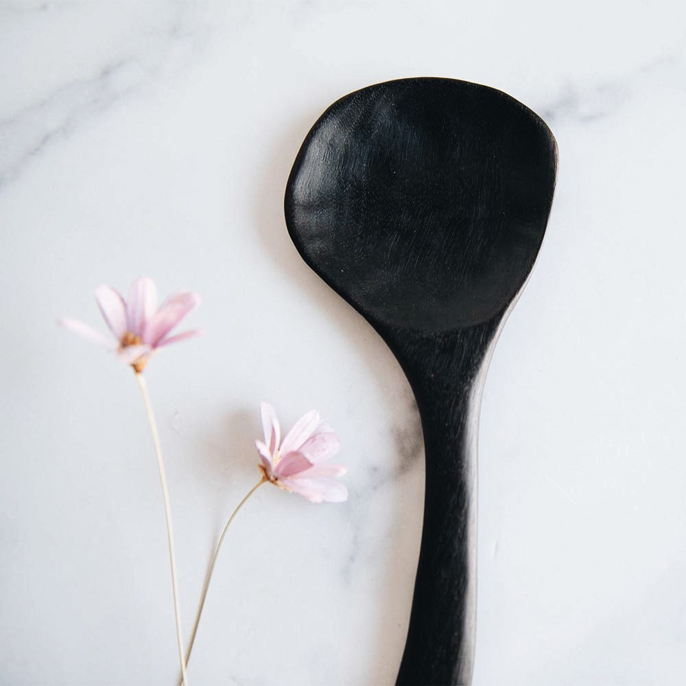 Hand Carved Flat Black Wooden Spoon - Eco-Friendly Kitchen Utensil for Cooking, Serving & Dining - Perfect for Soups, Salads & Desserts