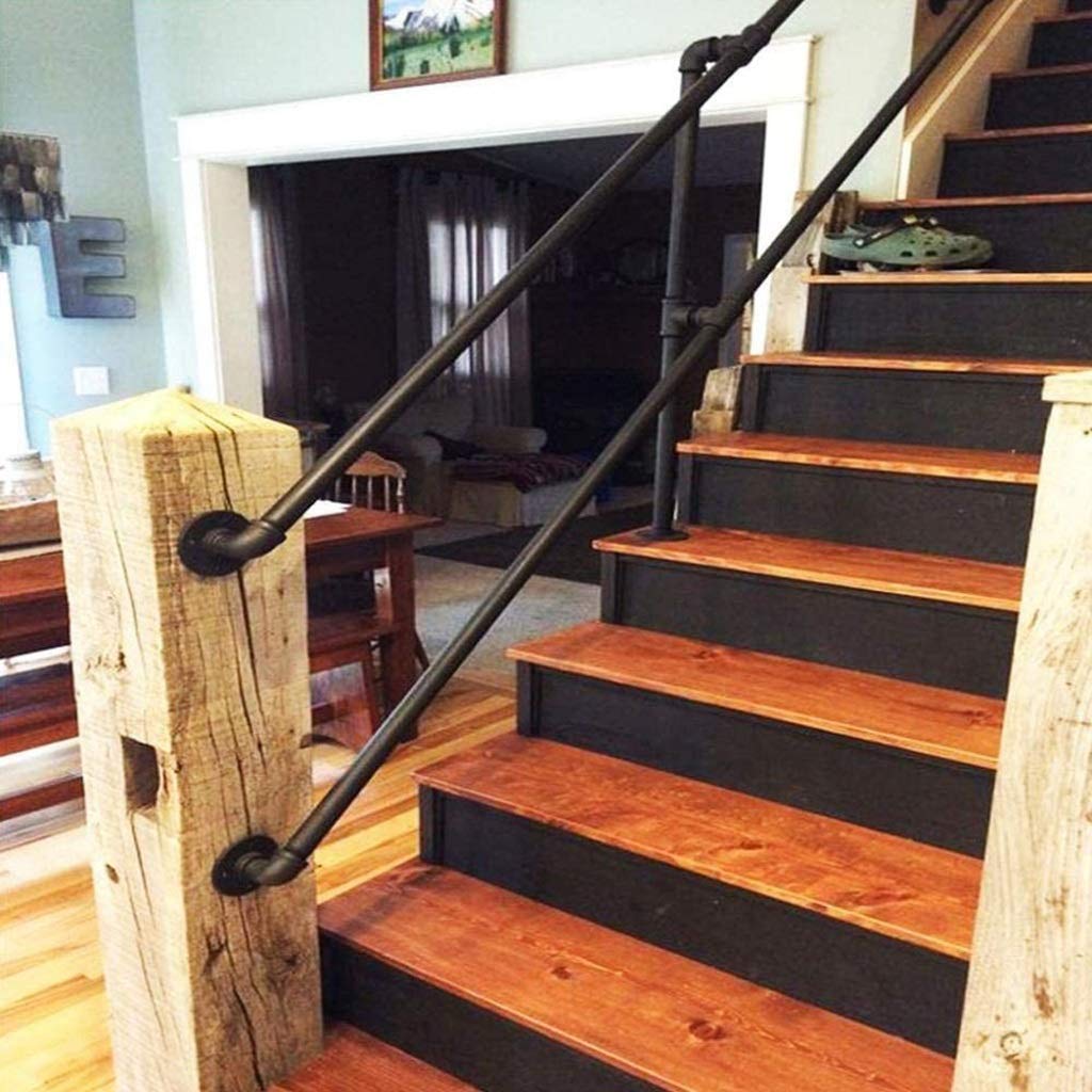 5ft Industrial Matte Black Galvanized Iron Pipe Handrail Kit - Indoor/Outdoor Stair Railing for Elderly Safety, Loft & Industrial Style Home Decor - Perfect for Stairs, Porches, and Accessibility Needs