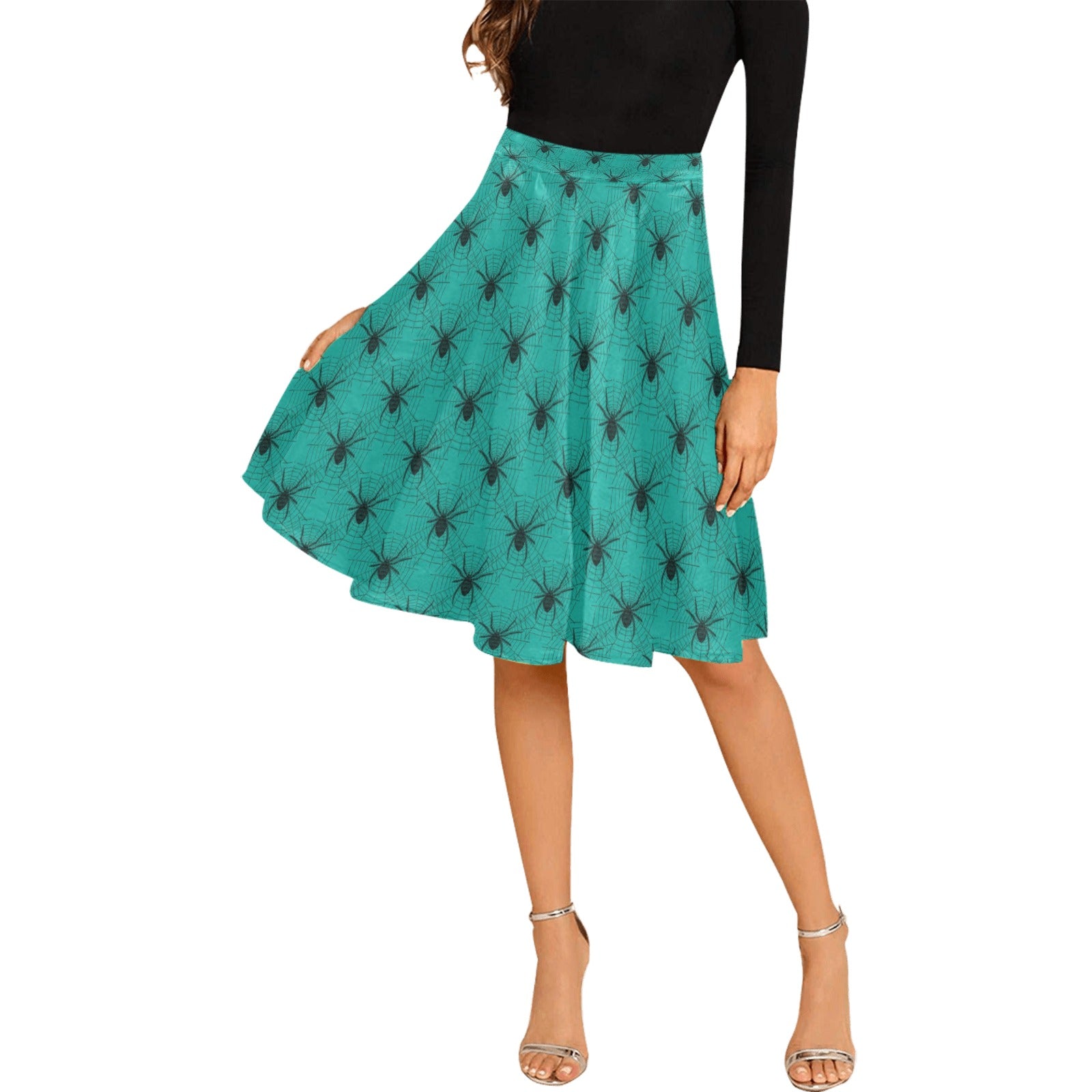Black Spider Pleated Midi Skirt for Women - Elegant High Waist A-Line Skirt with Side Slits | Perfect for Office, Date Night & Fall Fashion Outfits
