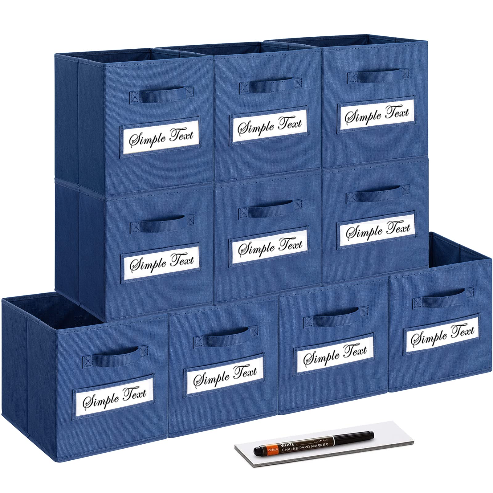 10-Pack 11 Inch Foldable Fabric Storage Cubes with Labels & Pen - Navy Blue Closet Organizers for Shelves, Home & Office Organization | Perfect for Kids' Toys, Blankets, Books & Wardrobe Storage