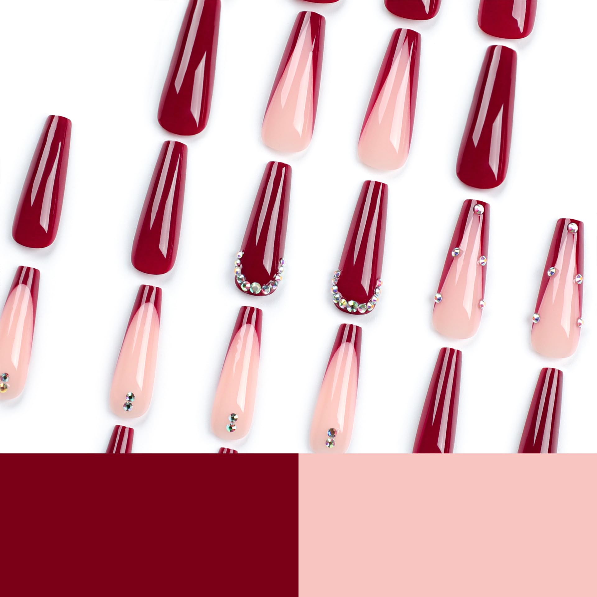 IMSOHOT 24 Pcs Coffin Long Press on Nails - Red French Tip Fake Nails with Rhinestone Designs, Full Cover Glue on Acrylic Ballerina Nails Kit for Women | Perfect for Parties, Weddings & Special Occasions