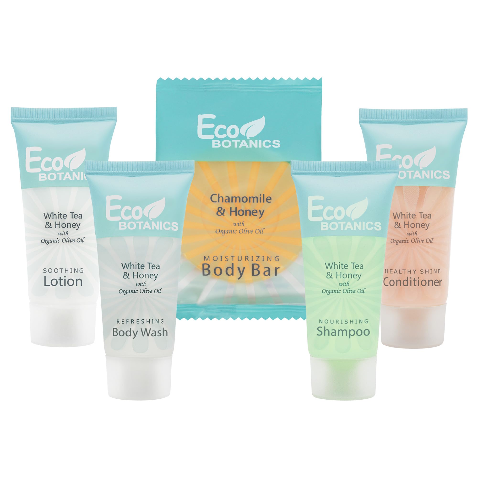 Terra Pure Eco Botanics | 80-Pack 0.85oz Travel-Sized Shampoo, Conditioner, Body Wash & Lotion Set + 100-Pack Soap Bars | Hotel Amenities, Eco-Friendly Toiletries for Travel, Gyms & Hospitality Businesses