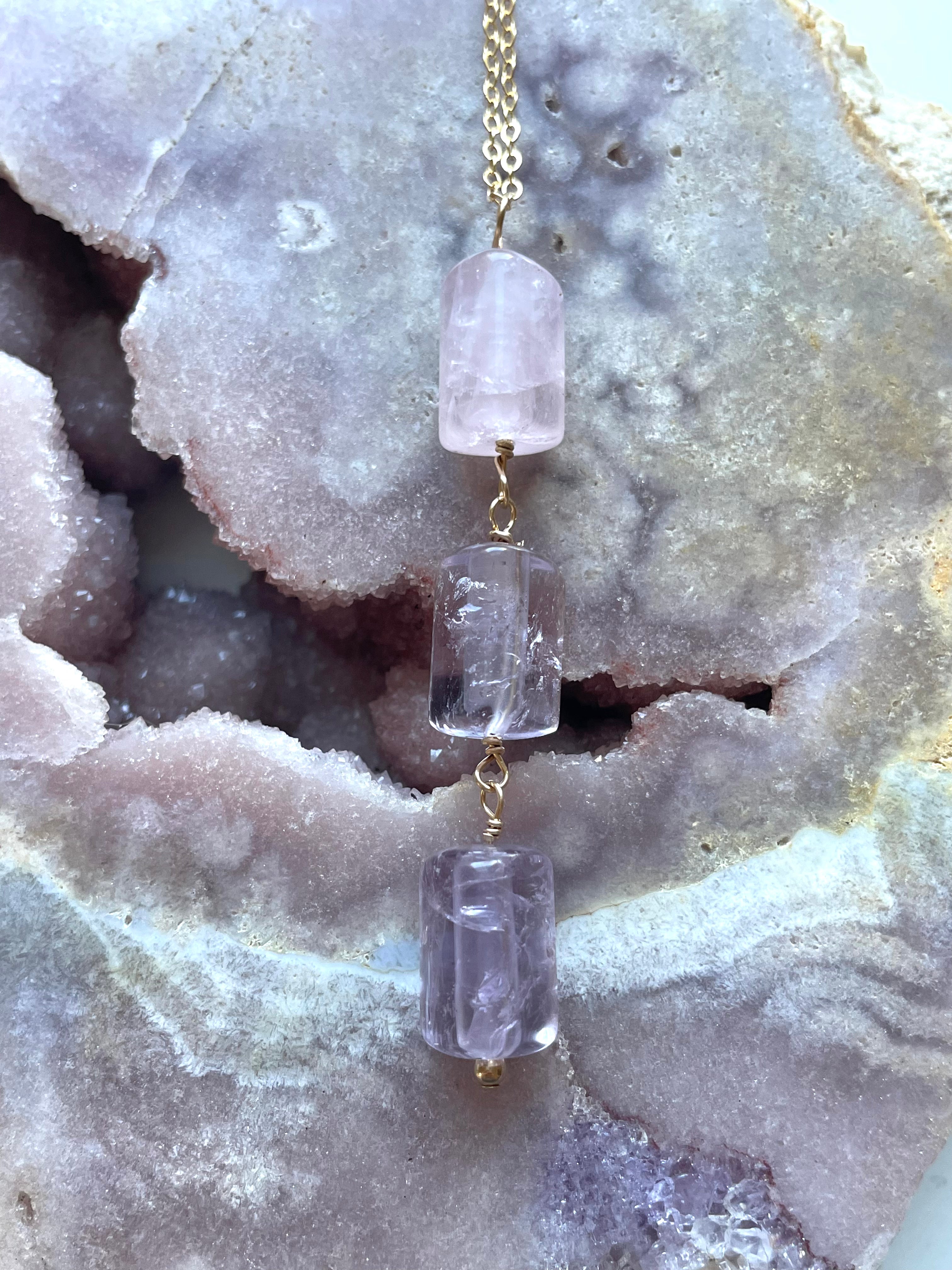 Rose Quartz and Amethyst Crystal Gemstone Lariat Necklace - Elegant Healing Jewelry for Women, Perfect for Meditation, Yoga & Spiritual Gifts