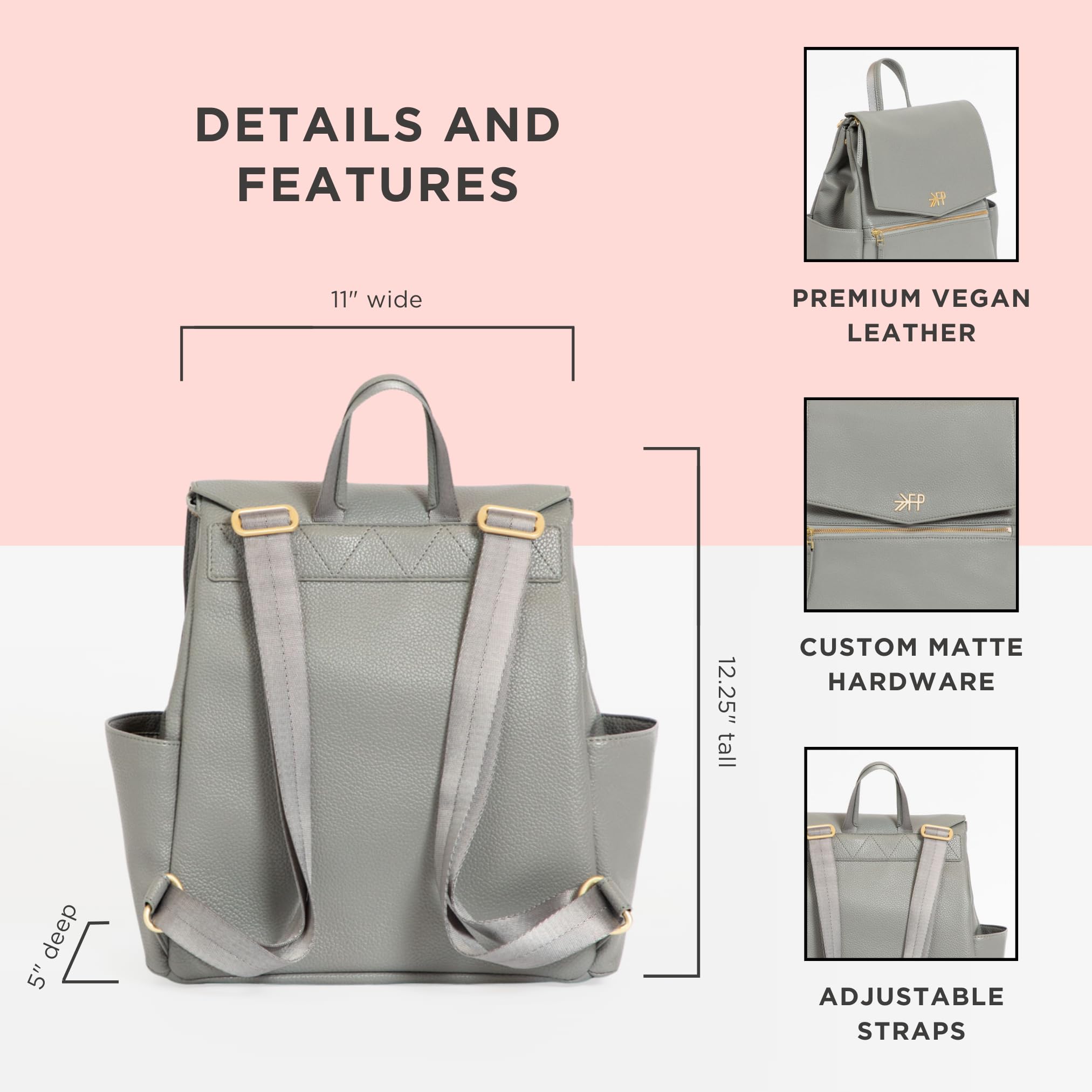 Freshly Picked Mini Classic Diaper Bag Backpack - Waterproof Vegan Leather Baby Changing Bag for Moms, Travel & Everyday Use (Stone Grey) - Perfect for Daycare, Park Outings & Family Trips