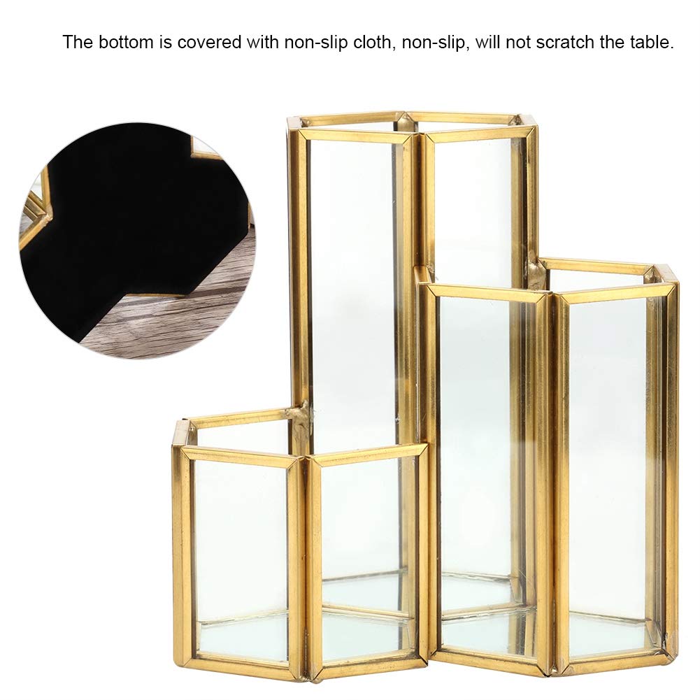 4.72in Clear Glass Pen Holder with 3 Compartments - Copper Plated Metal Inlay Pencil Organizer & Makeup Brush Holder - Vanity Desk Organizer for Storing Makeup Brushes, Pens, Mascara, Lipstick (Gold) - Perfect for Office, Home Desk & Beauty Vanity Organization